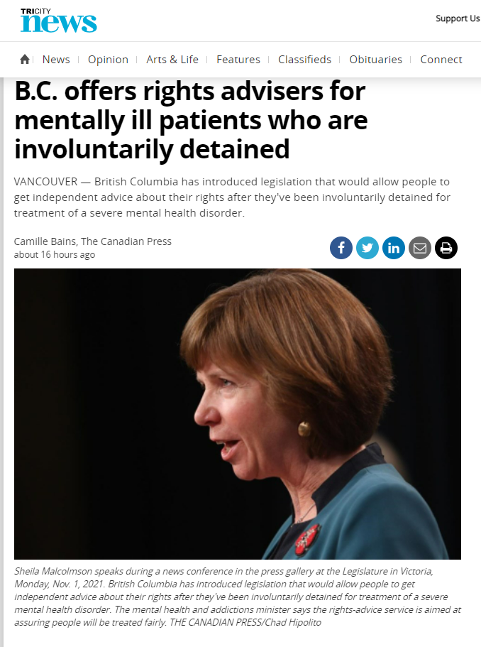 B.C. offers rights advisers for mentally ill patients who are involuntarily detained
