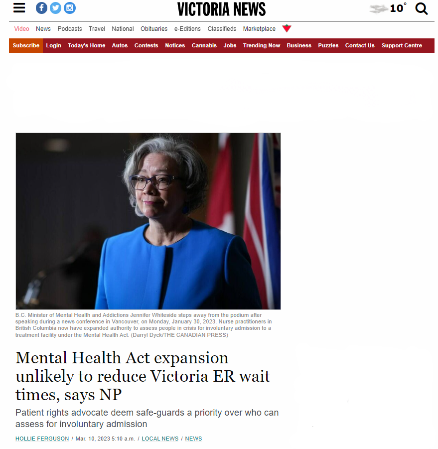 Mental Health Act expansion unlikely to reduce Victoria ER wait times, says NP