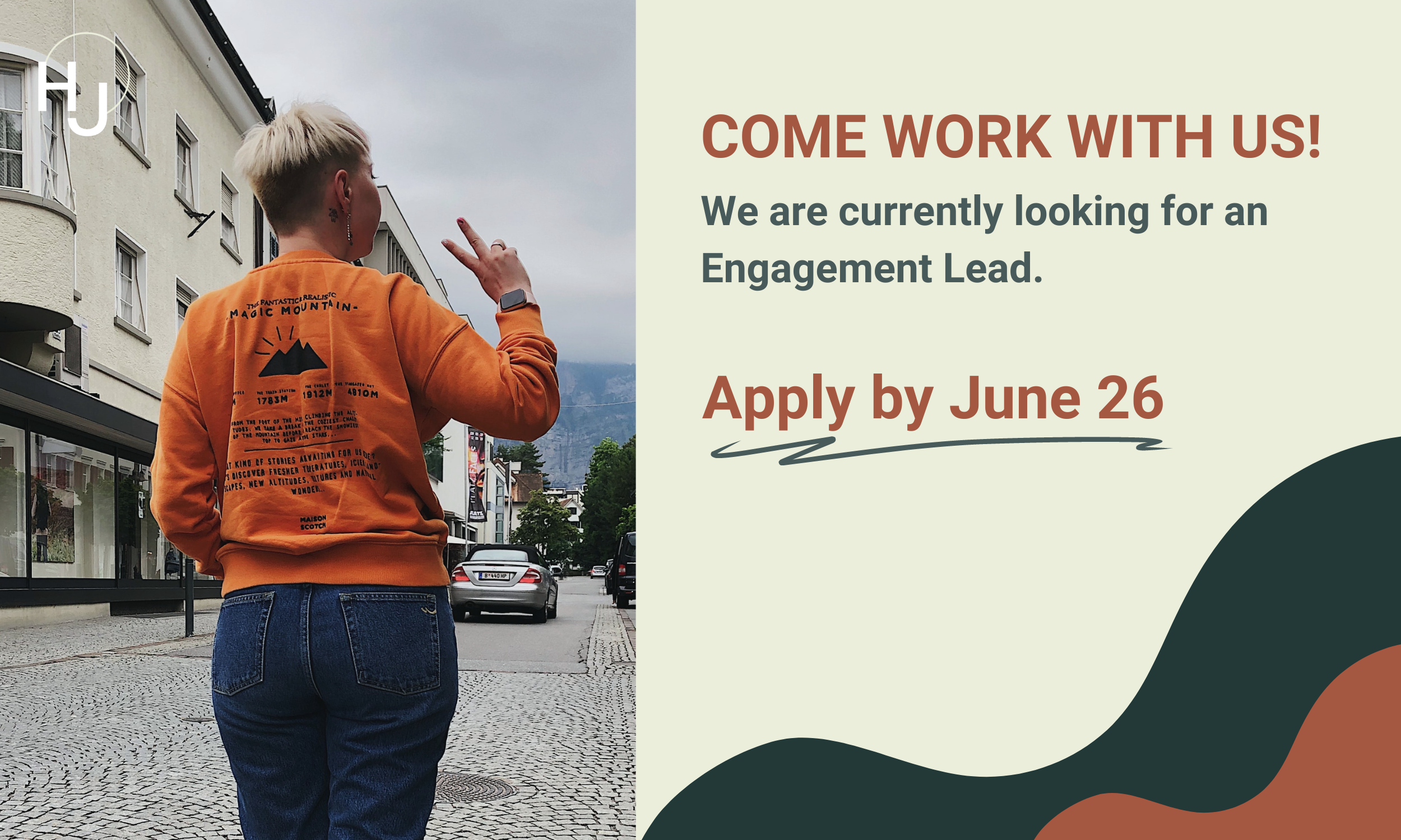 person walking away holding peace sign with hand. Come work with us! We are currently looking for an engagement lead. Apply by June 26.