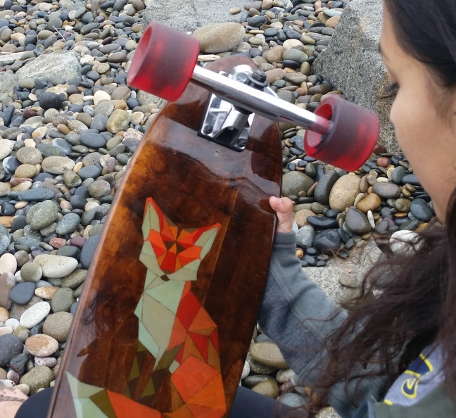 Skateboard from scratch: handpressed oak plywood, laser engraved design, hand-painted, hand-shaped, epoxy finish coat