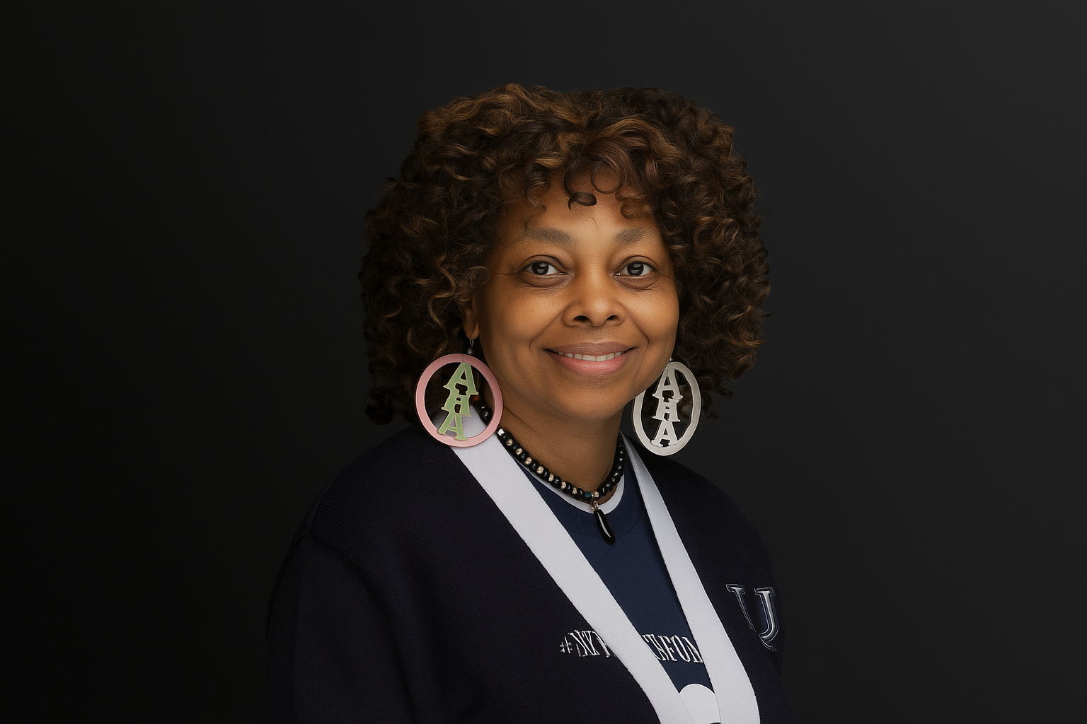 A woman with curly hair wearing large, colorful earrings with the letters 'AIA' and a black shirt with white accents, posing against a dark background.