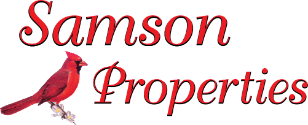 Logo of Samson Properties with red text and a cardinal bird