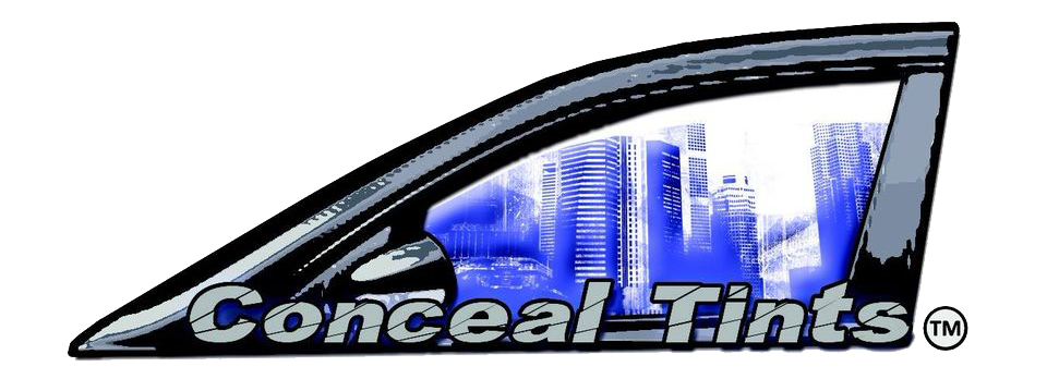 Logo of Conceal Tints with a stylized car window and cityscape background.