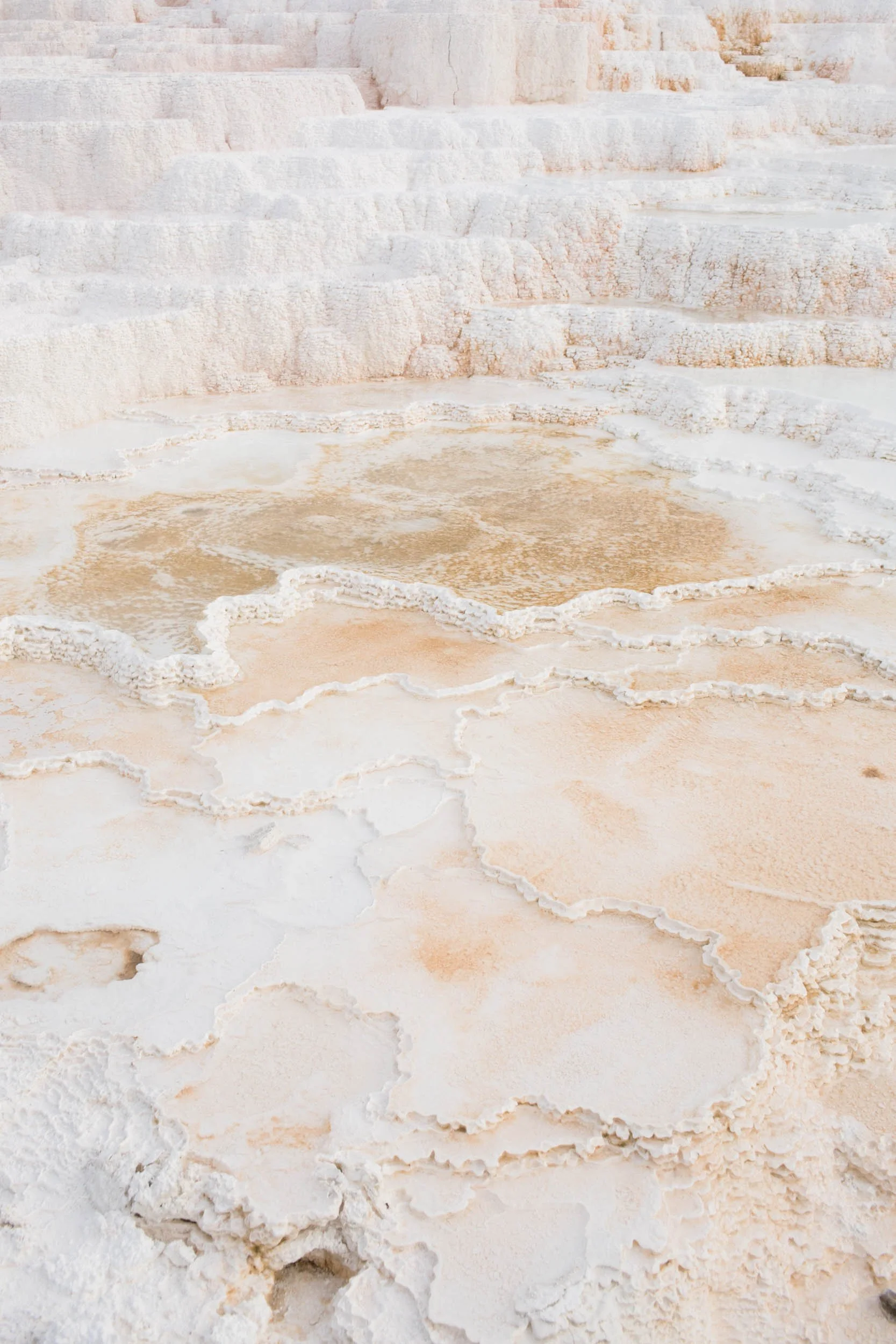 Close-up of white mineral deposits with orange and beige accents forming layered formations.
