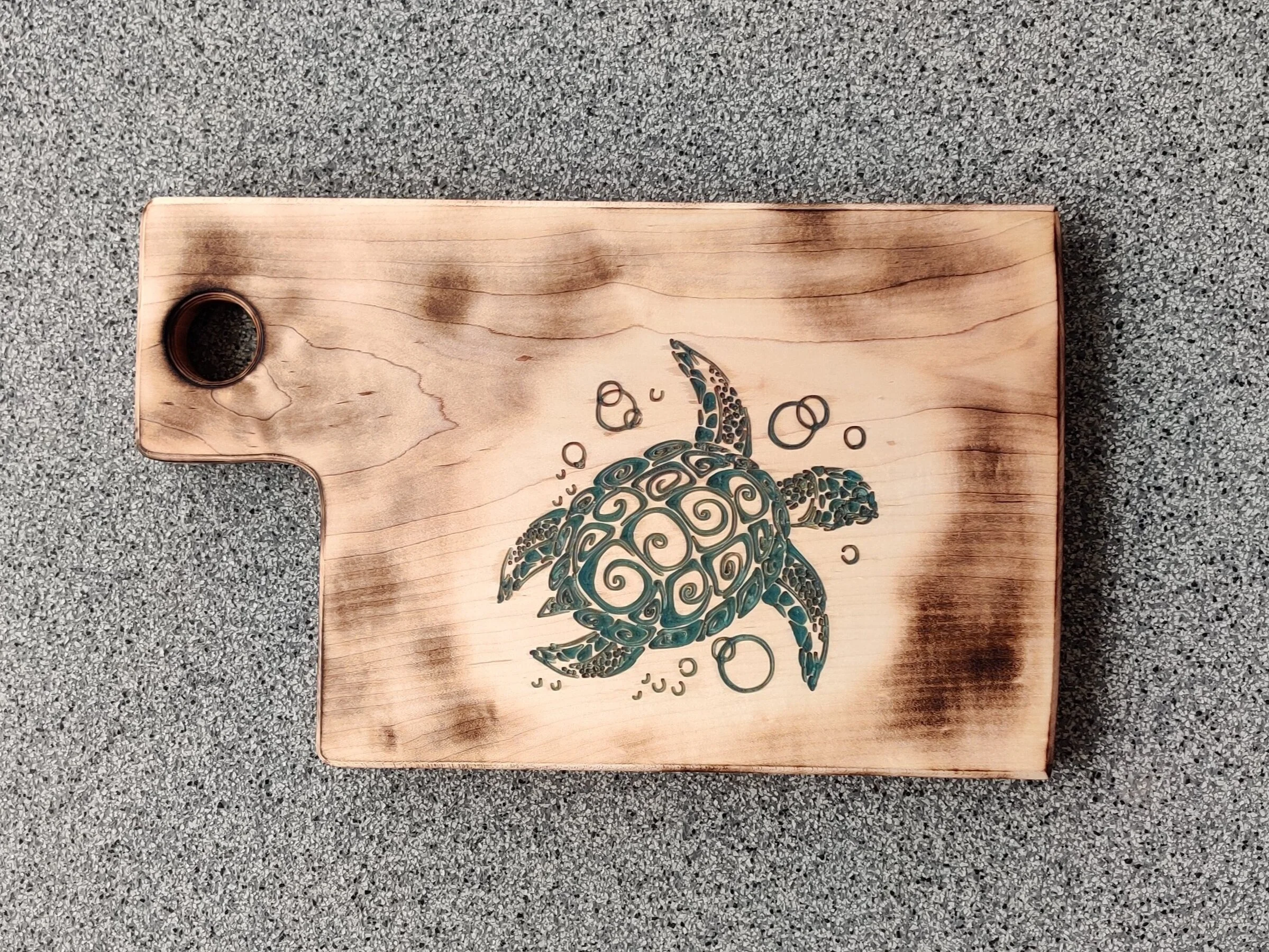 Live Edge Maple and Resin Ocean Charcuterie Board Wood Burned Sea Turtles