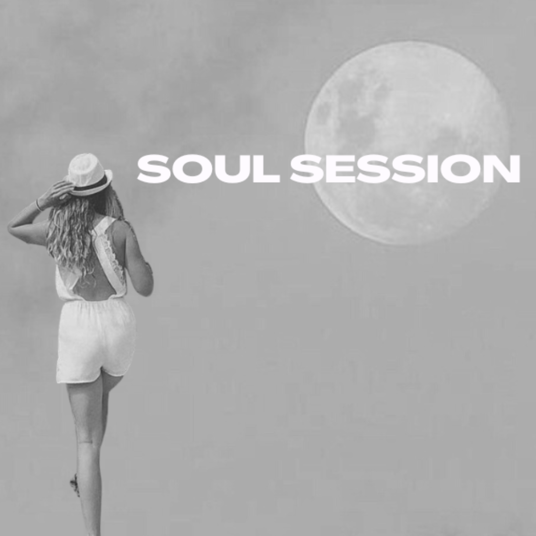 A woman in a white dress and hat standing under a large, full moon with the words "Soul Session" overlaid.