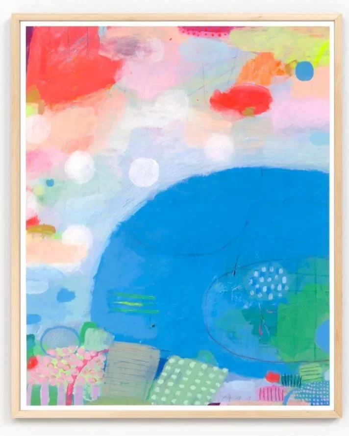 Abstract colorful painting with a large blue circle, pink, red, and green patches, and various patterned shapes.