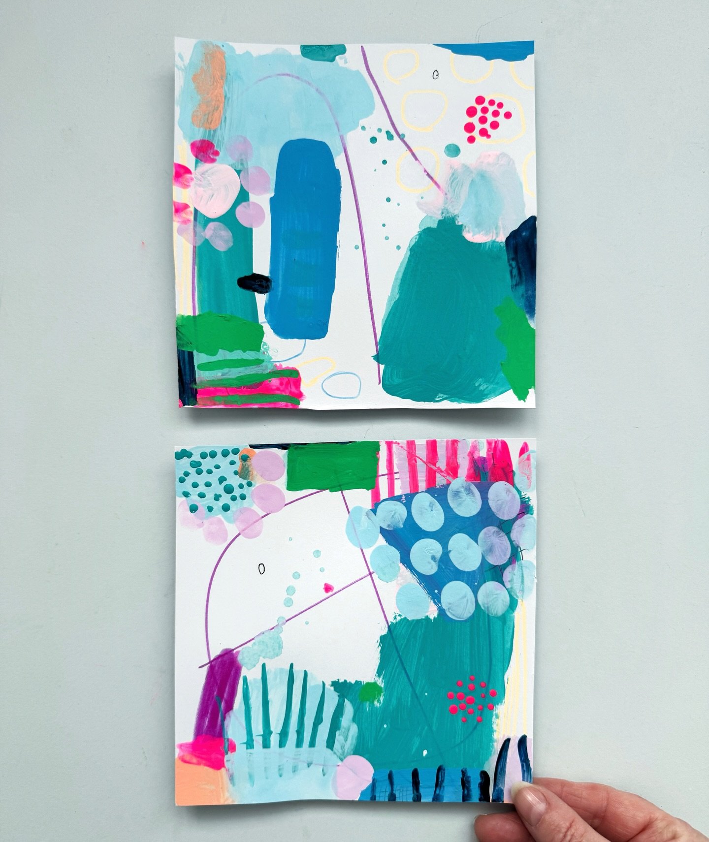 A B S T R A C T S ~ I like these two the best from all the studies  today. It was fun to revisit some colours and paint style 😍 keeping things loose and fresh. 
.
These are mixed media, mainly acrylics, on paper. 
.
#mixedmediaart #colourfulart #abs