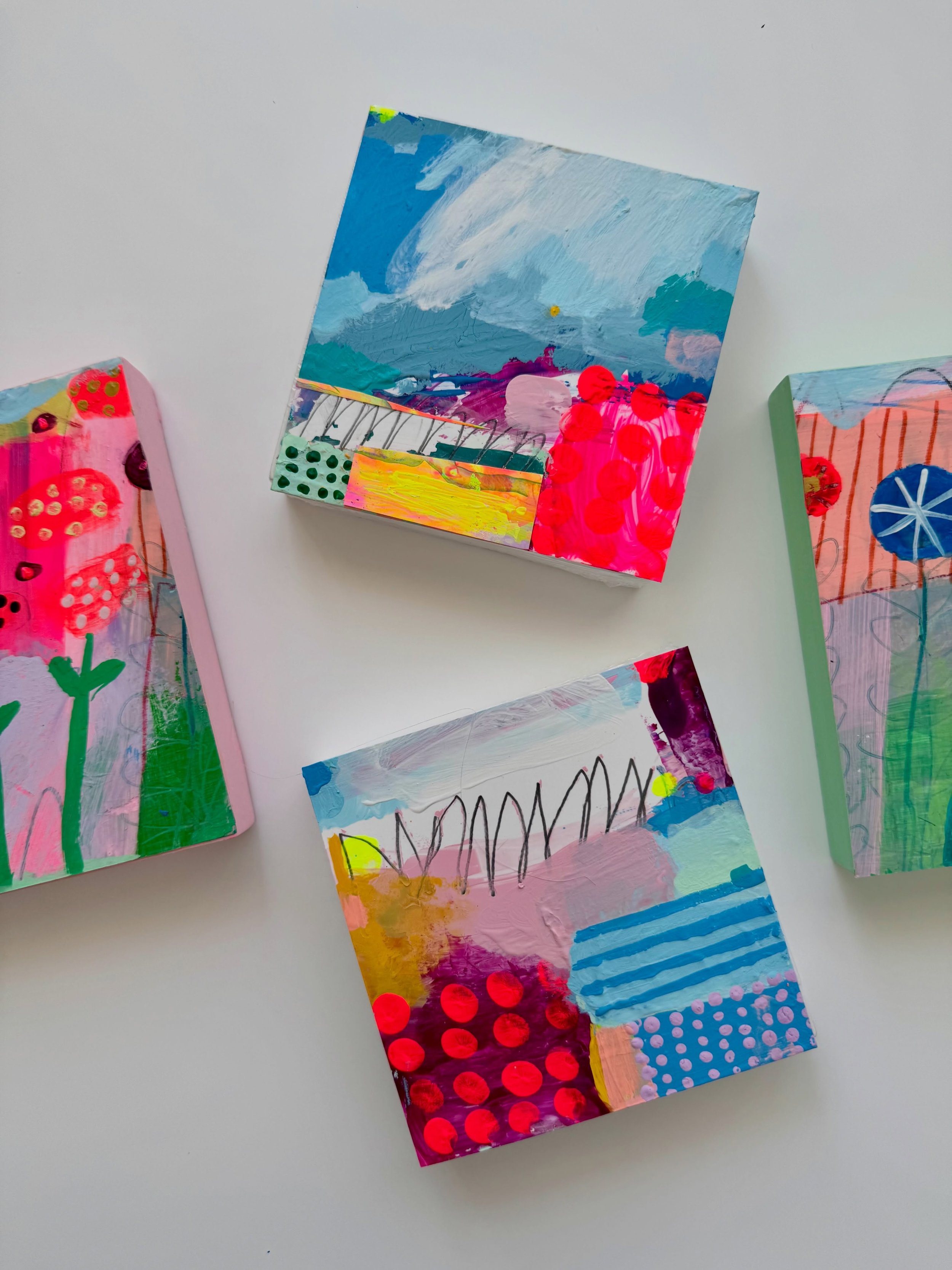 P A I N T I N G S ~ I love the pop of red in these especially against the blue. These are so lovely when you group a few minis together in a collection instead of one big painting. These are mounted on wooden canvas and are 4x4inch in mixed media.
.
