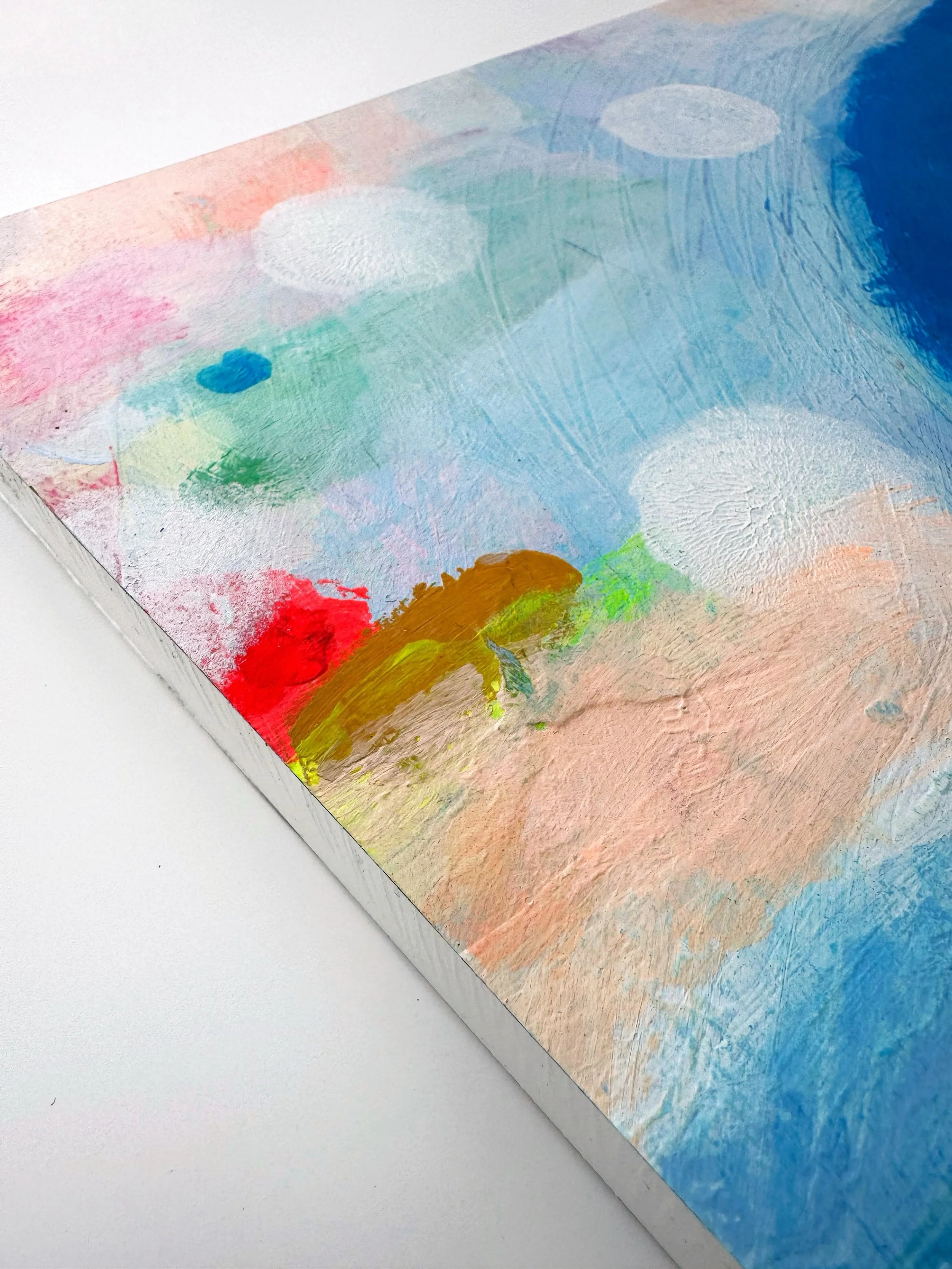 D E T A I L ~ a corner detail of a painting that&rsquo;s going to be available soon. It&rsquo;s one of five. I love the colours in this area, especially the pale apricot with the blues, and the softness of the marks. It has a lovely summery, calming 