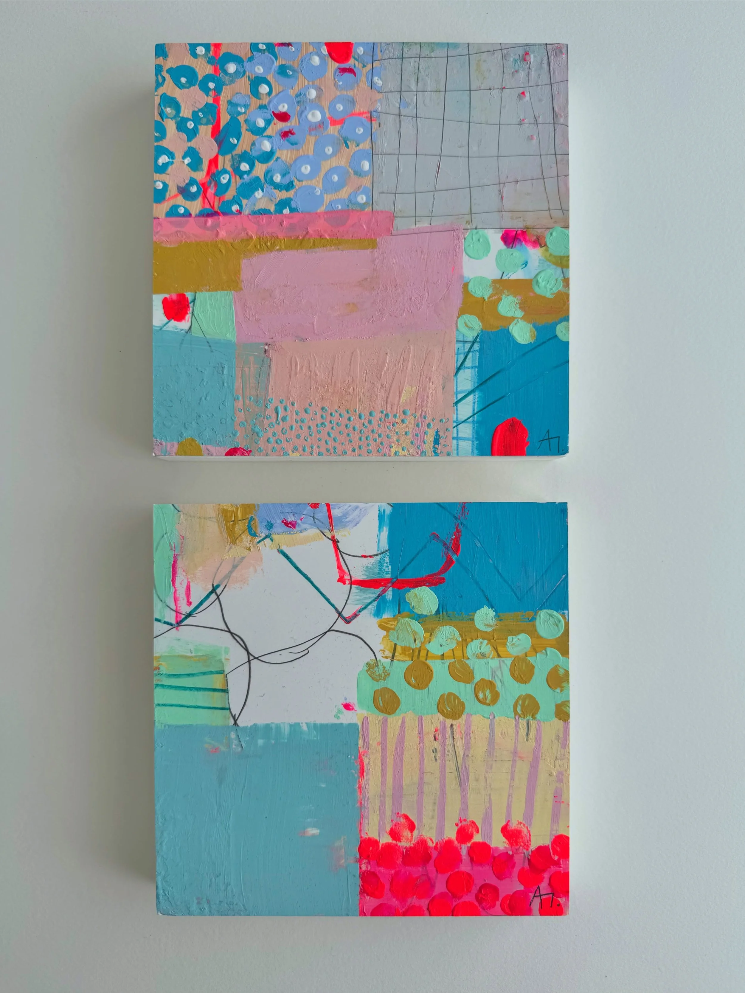 P A I N T I N G S ~ some cute older work that I found whilst organising storage today. These are early abstracts and I love the colours so much. They give a lovely pop of colour to a space. Mounted on wooden blocks and are under 6inches. Using mainly