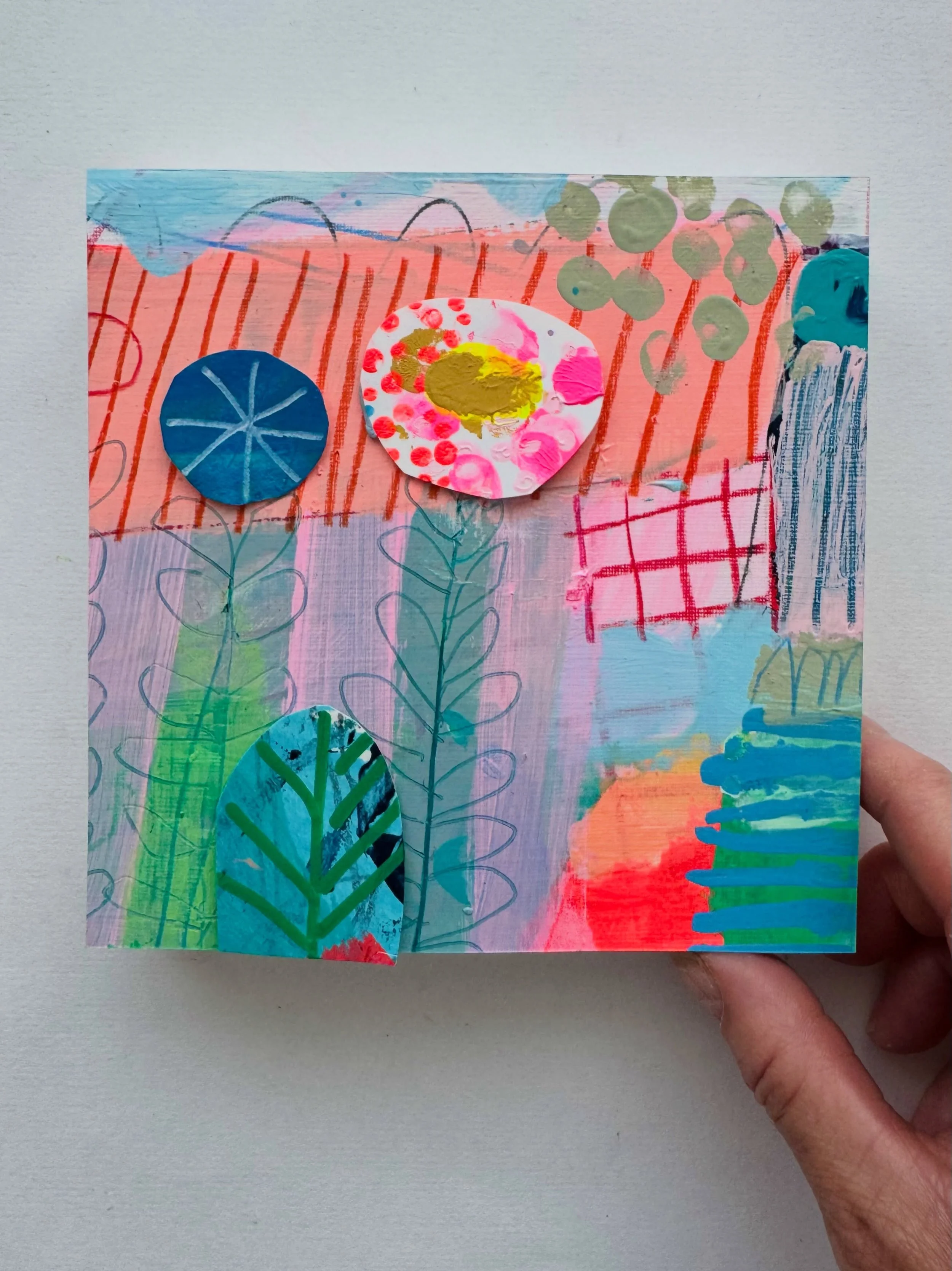 C O L L A G E ~ I love working small, it&rsquo;s like making little pieces of jewellery for your walls. Lots of lovely patterns and colours (pinks/greens/orange/red) with this botanical abstract painting in mixed media #collageartwork #mixedmediaart 