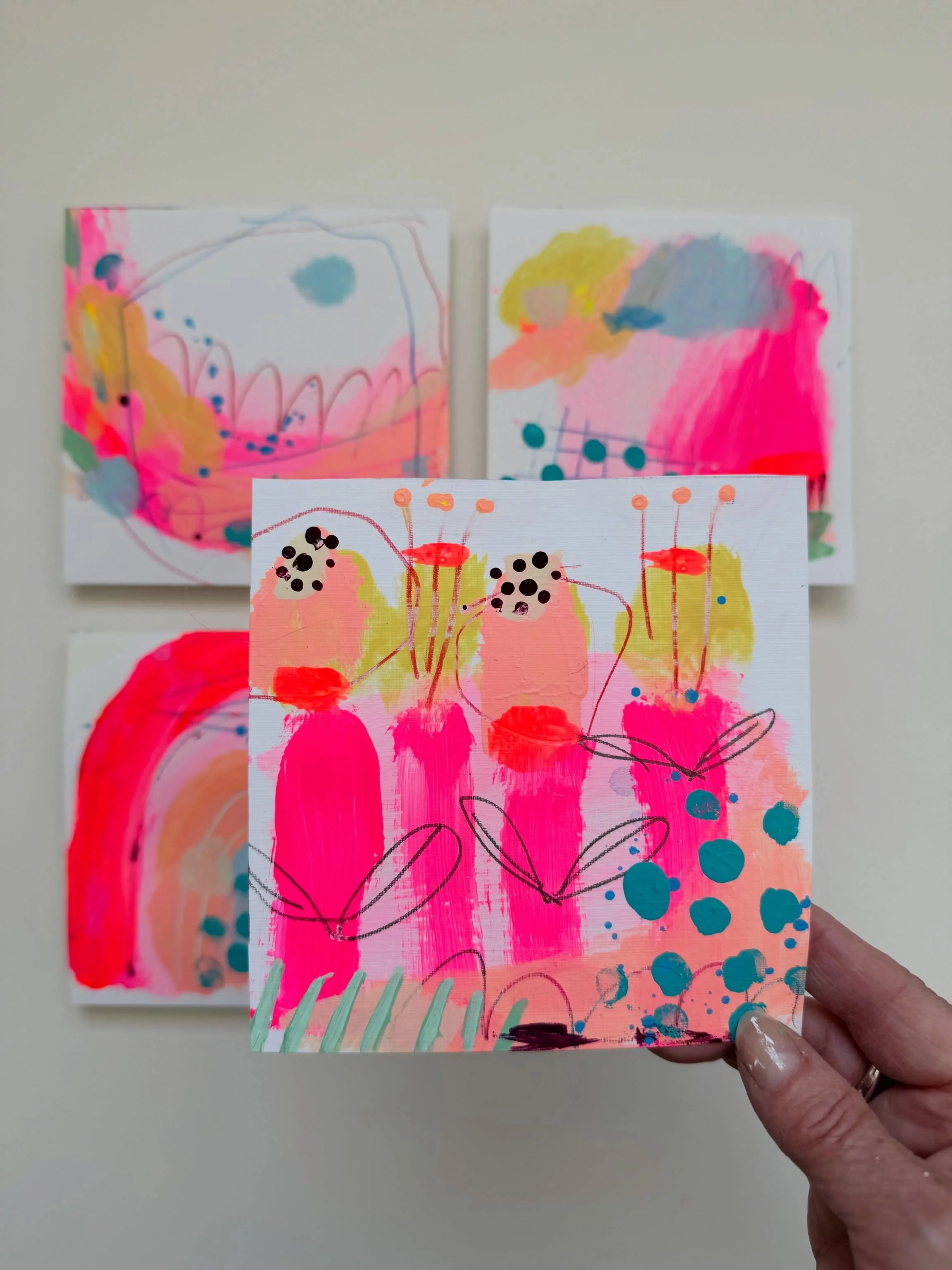 P A I N T I N G S ~ these are minis that I painted whilst working on bigger canvases ✨ My challenge at the moment is to get the fresh and loose feel of these sketches into bigger format. I tend to tighten up and get stuck in perfectionist mode on a l