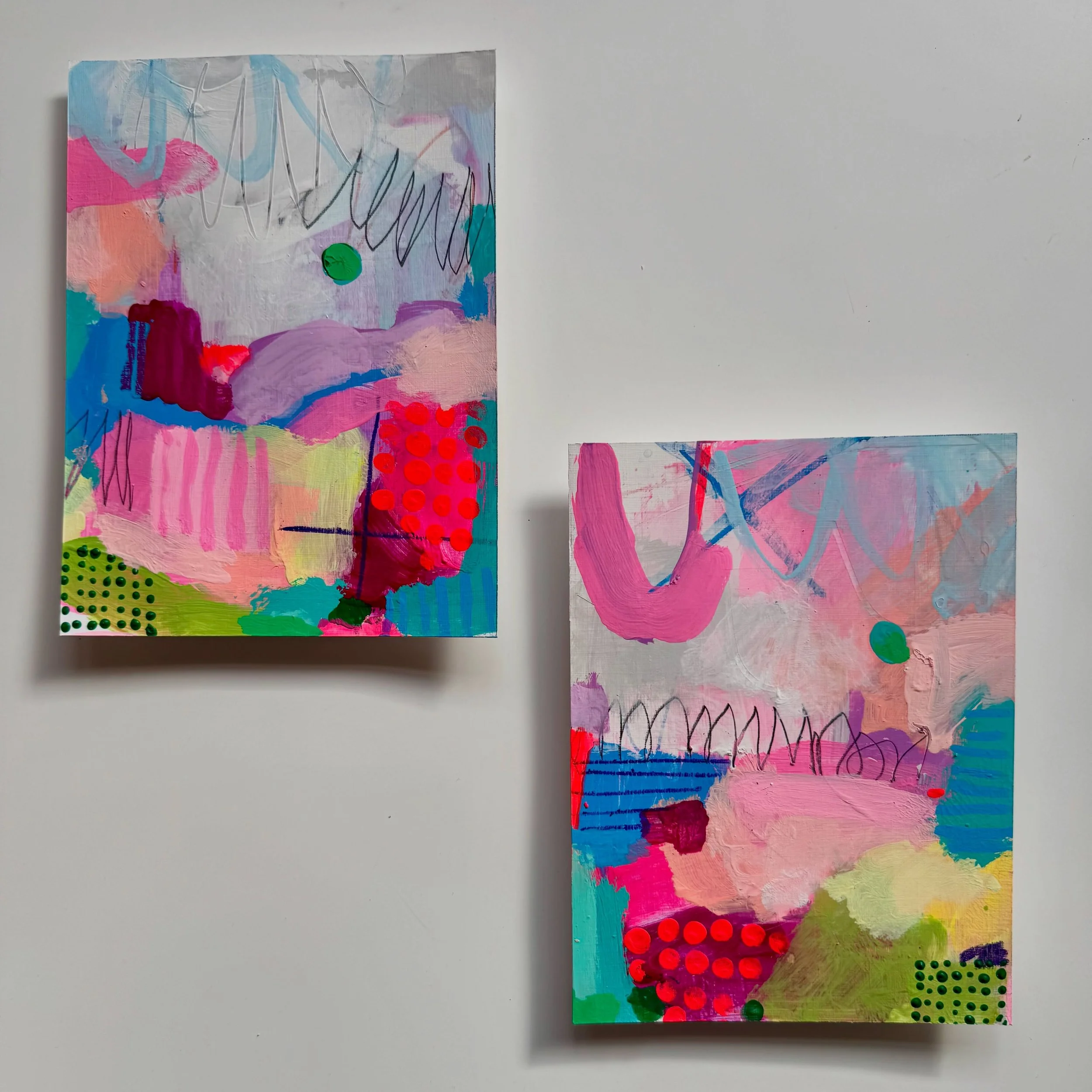 P A I N T  S T U D I E S ~ colourful paintings from today. It&rsquo;s been a lovely morning experimenting with colour, layers, and patterns. Also trying to keep the marks loose yet not busy. These are 6x8inch mixed media on paper. 
.
.
.
#abstractart