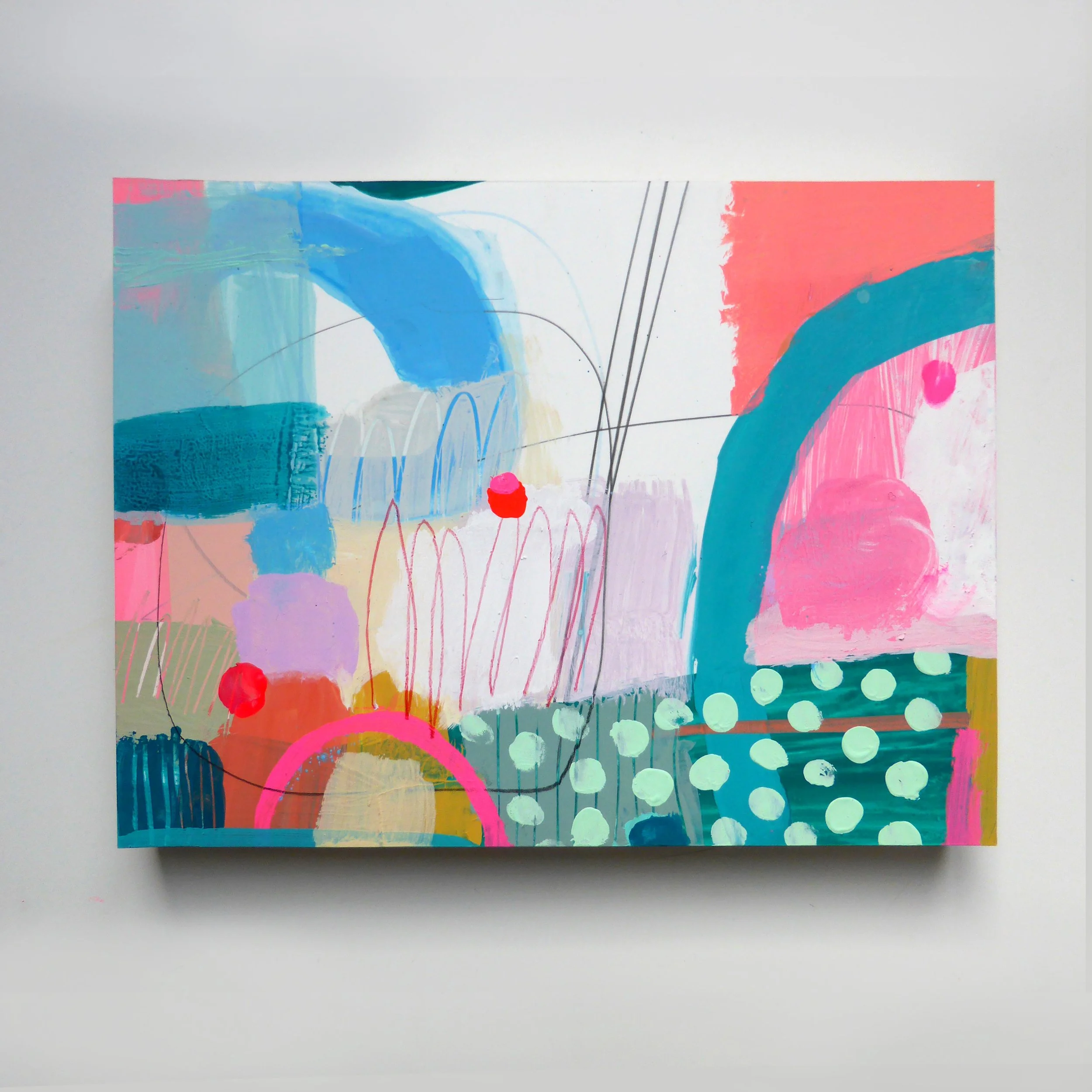 Abstract colorful painting with pink, blue, purple, and orange shapes, dots, and lines on a white background.