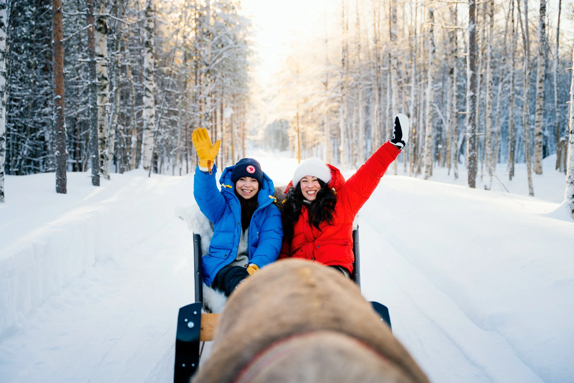 Suomussalmi-talvi-winter-finland-kainuu-arctic-snow-women-european women-reindeer safari-reindeer-poro-sleigh-red jacket-happy moment-nauravat ihmiset-finnish nature-pure nature-cold day-winter scenery©Filved Agency.jpg