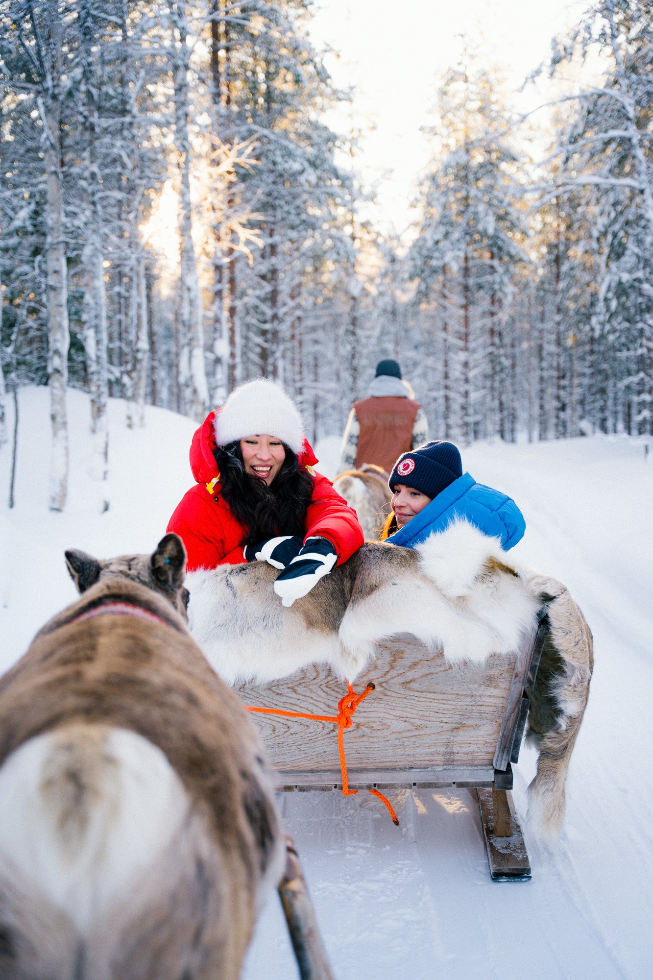 Two happy and smiling woman in reindeer safari in Suomussalimi Finland_Reindeers and cold weather©Sami Laitinen.jpg