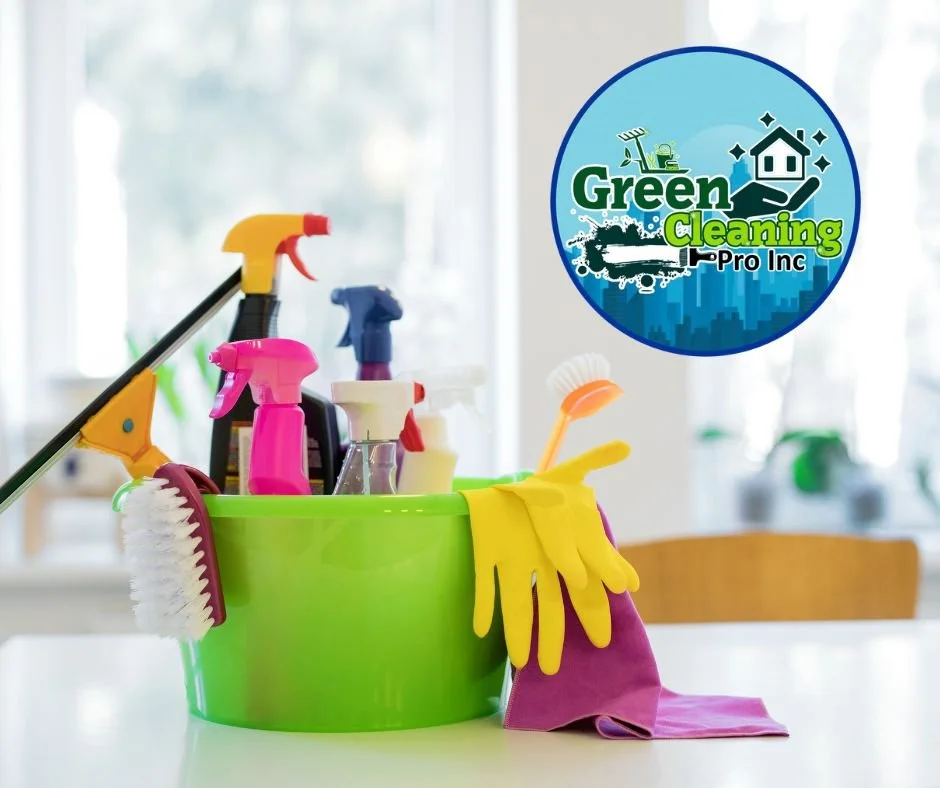 Cleaning Bucket with supplies and the Green Cleaning Pro Inc logo with services in the greater Ithaca area