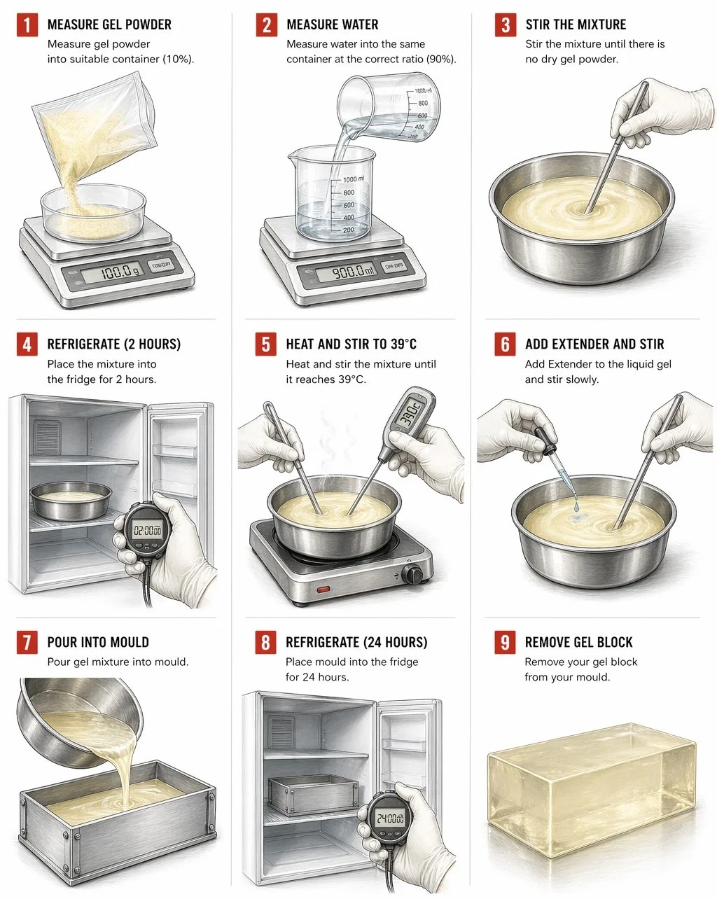 Step-by-step instructions for making gel from gel powder, water, and additives, including measuring, mixing, heating, refrigerating, pouring into molds, and removing the gel block.