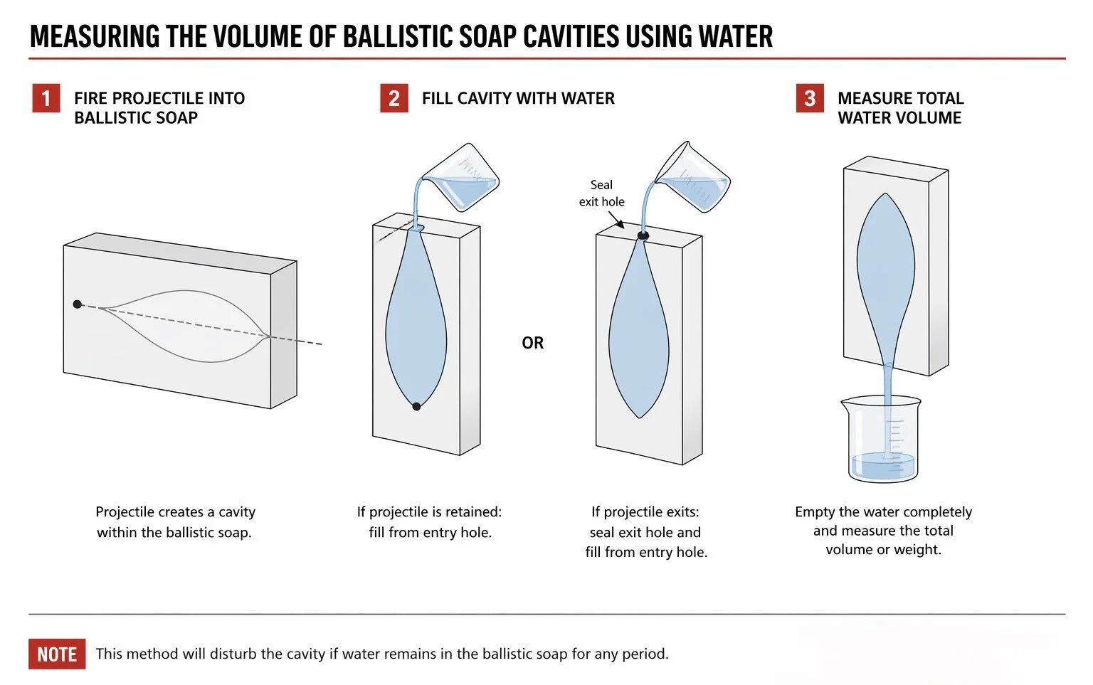Diagram showing steps to measure the volume of ballistic soap cavities using water. Step 1: Fire projectile into ballistic soap to create cavity. Step 2: Fill cavity with water and seal exit hole. Step 3: Measure the total water volume to determine cavity size.