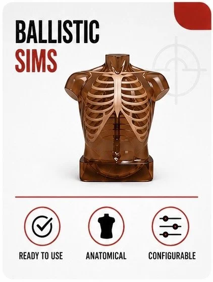 A plastic anatomical model of a human torso showing internal ribcage, labeled "Ballistic Sims" for training or simulation purposes, with icons indicating it is ready to use, anatomical, and configurable.
