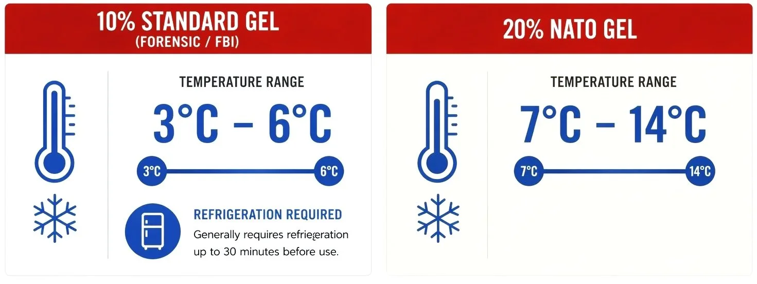 Comparison chart of two types of gels: 10% Standard Gel and 20% NATO Gel. The 10% Standard Gel is for forensic or FBI use, with a temperature range of 3°C to 6°C and requires refrigeration up to 30 minutes before use. The 20% NATO Gel has a temperature range of 7°C to 14°C.