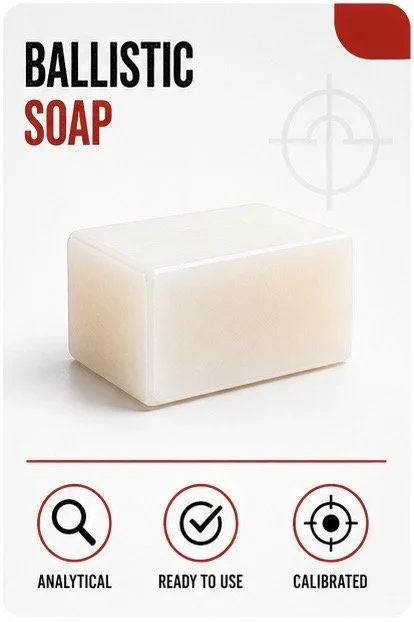 Packaging of ballistic soap with a white rectangular bar in the foreground and text indicating it is analytical, ready to use, and calibrated.