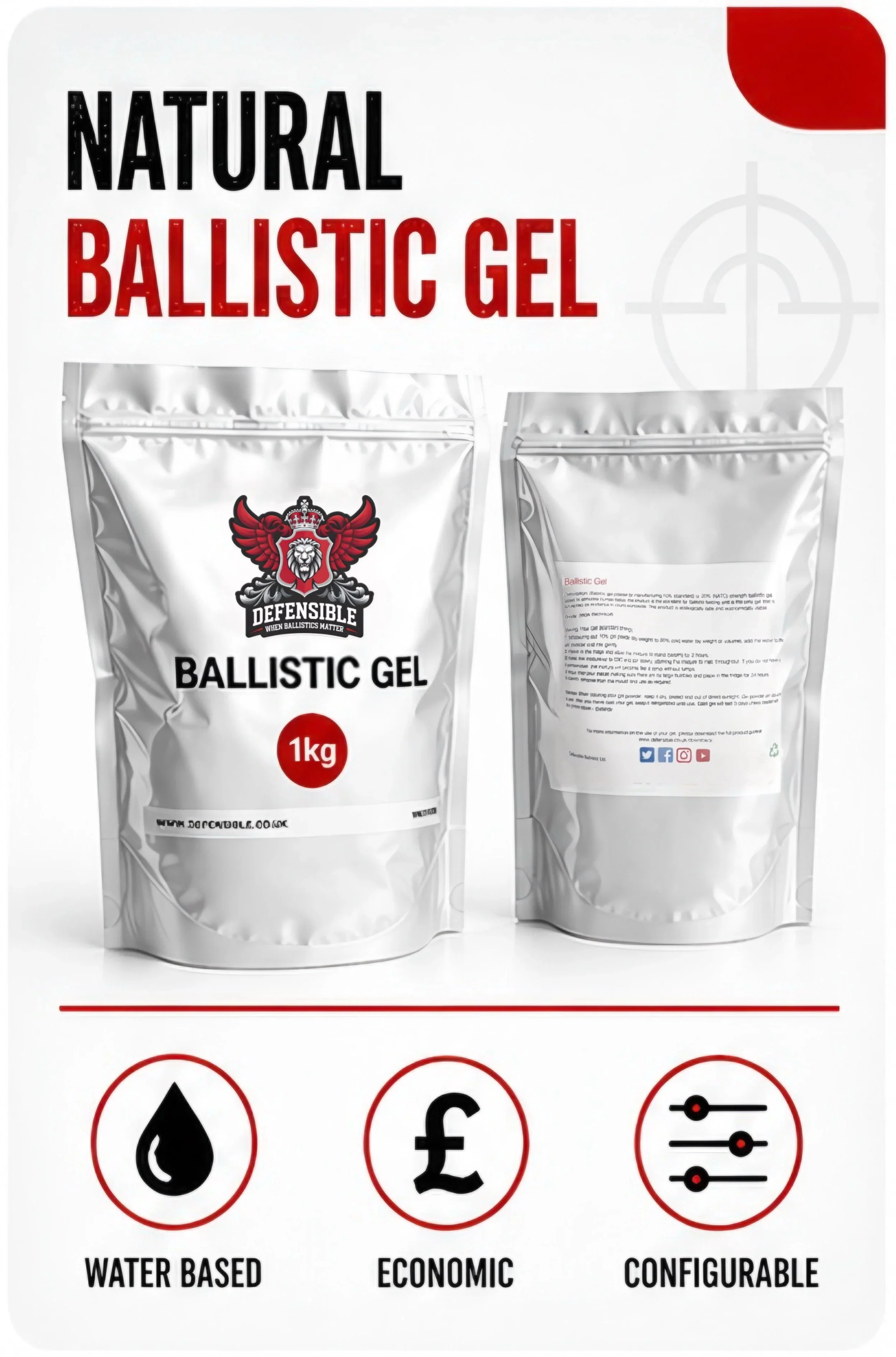 Packaging of natural ballistic gel in a 1kg silver pouch with a red and black lion and crest logo, and labels indicating it is water-based, economical, and configurable, with icons and text description on the back of the package.