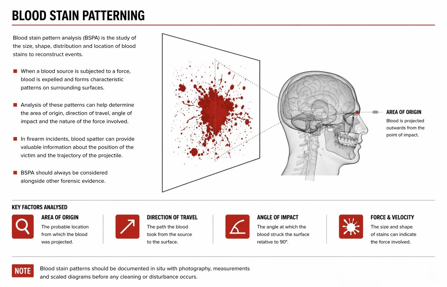 An infographic about blood stain pattern analysis, showing a skull diagram with a red dot labeled 'Area of Origin' where blood projected outward. The left side contains bullet points explaining bloodstain pattern analysis and key factors analyzed, such as area of origin, direction of travel, angle of impact, and force and velocity, with corresponding icons. A note emphasizes the importance of documenting bloodstain patterns with photography and measurements before cleaning.