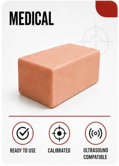 Ultrasound Phantom with the words "Medical," "Ready to Use," "Calibrated," and "Ultrasound Compatible" around it.