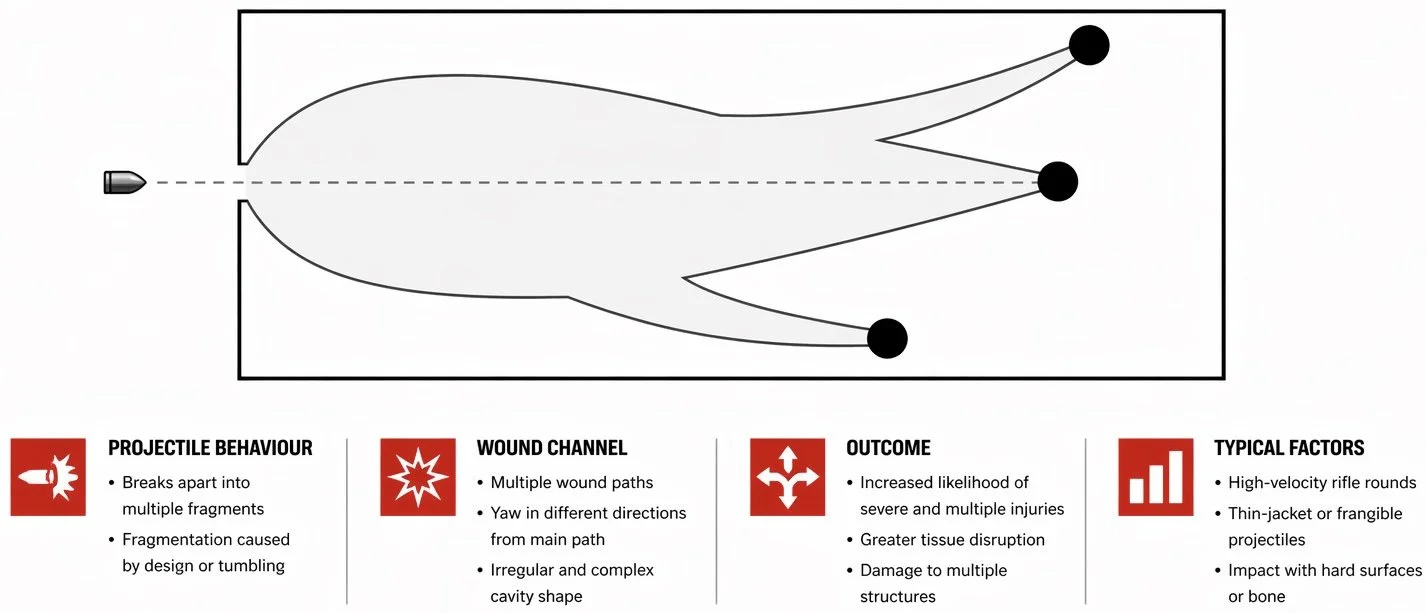 Diagram of a bullet trajectory with multiple fragments in a rectangular box, showing projectile behavior, wound channels, outcomes, and typical factors.