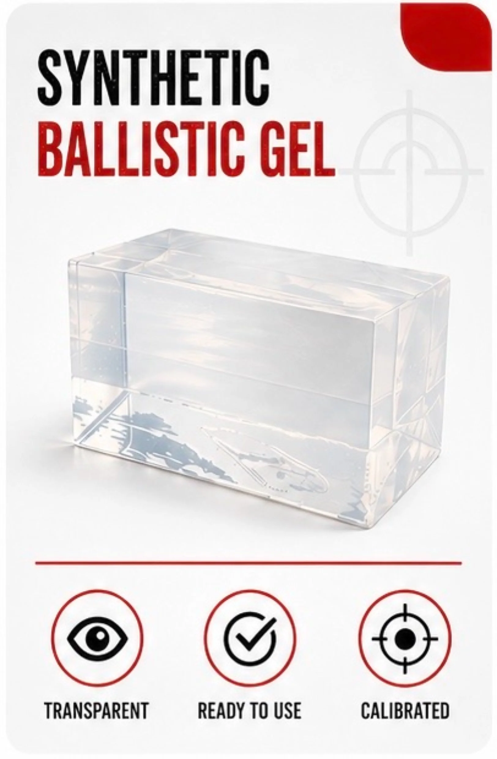 Product label for synthetic ballistic gel, showing a clear, transparent rectangular gel block with icons indicating transparency, readiness for use, and calibration properties.