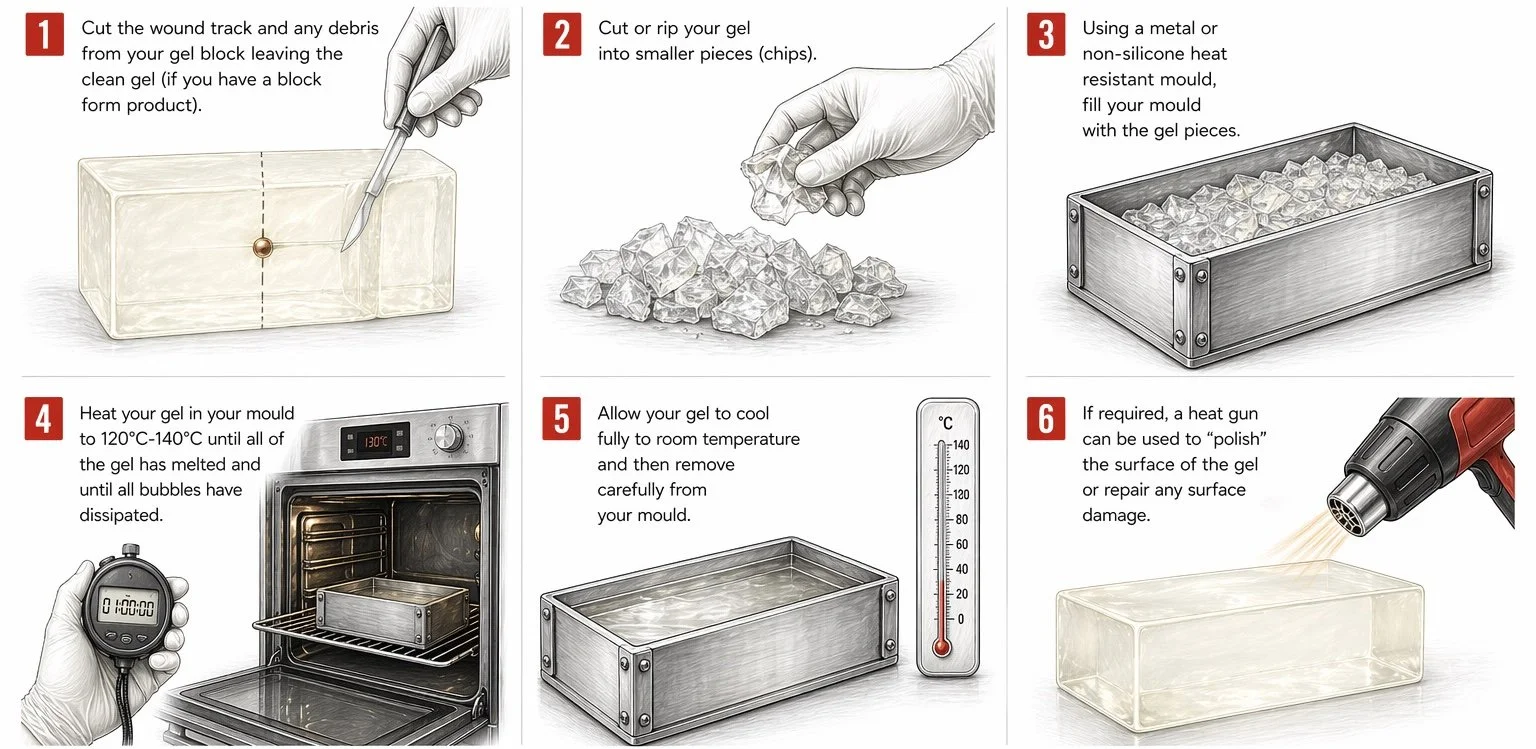 Step-by-step instructions for making gel in a mold, including cutting a gel block into smaller pieces, filling a heat-resistant mold with gel chips, heating the mold in an oven, cooling the gel, and optionally polishing or repairing the surface with a heat gun.