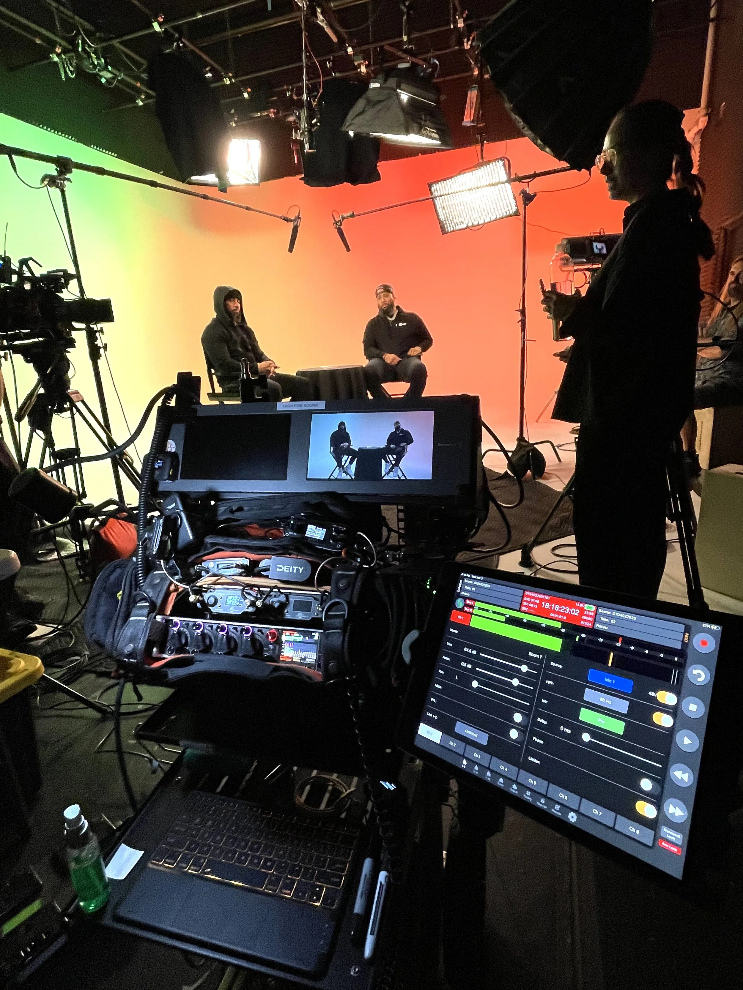 A behind-the-scenes view of WWE's GOAT Talk  with the Usos. Production sound mixer Edson Alvarez with a   on a Sound Cart Mini with a sound devices 88 with DSR4's in bag and two Sennheiser MKH 416 capturing dialogue on set