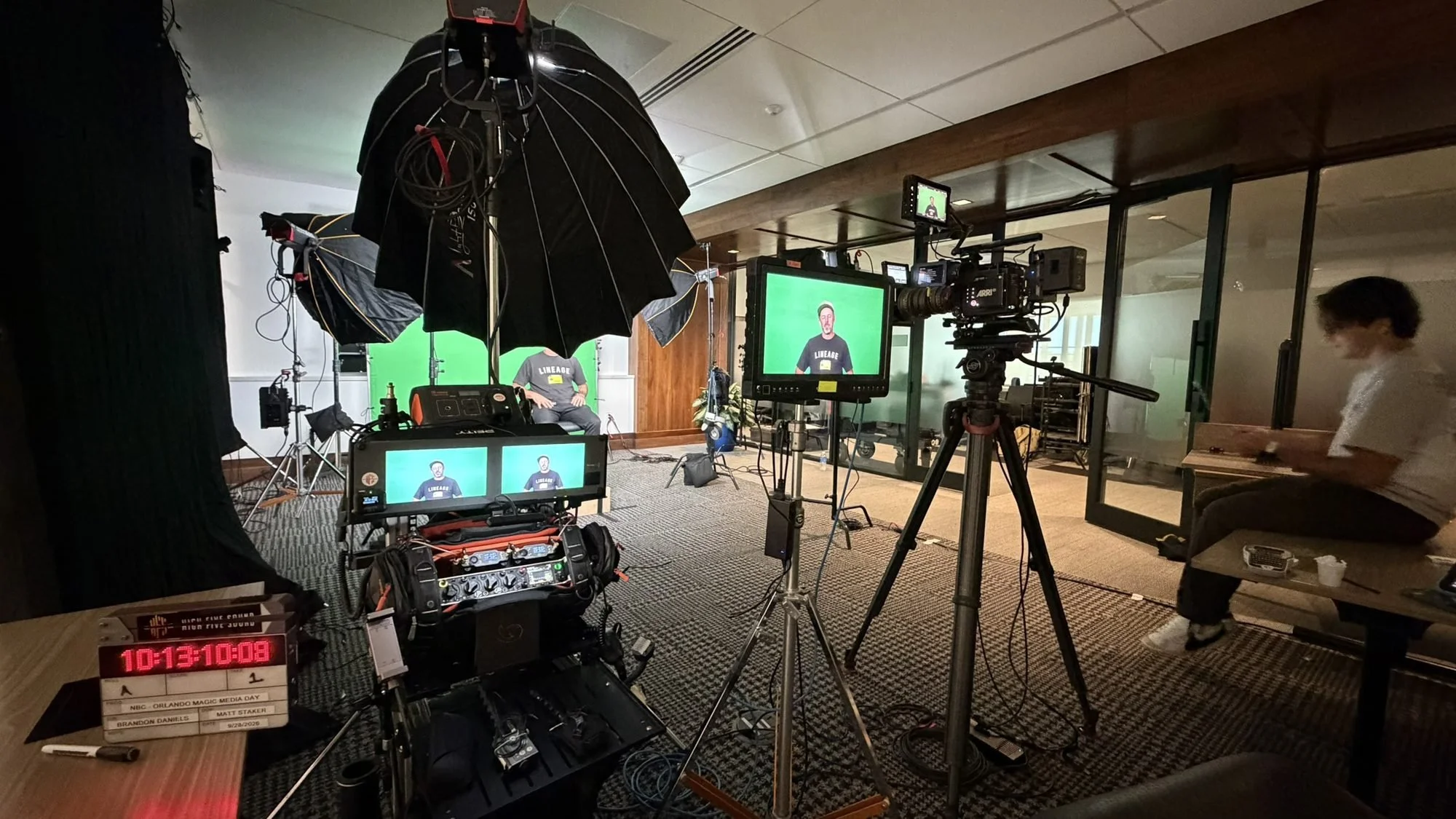 High Five Sound cart with Sound Devices 888 and dual monitors on a green screen interview set with ARRI camera for NBC, Amazon and ESPN Orlando Magic Media Day