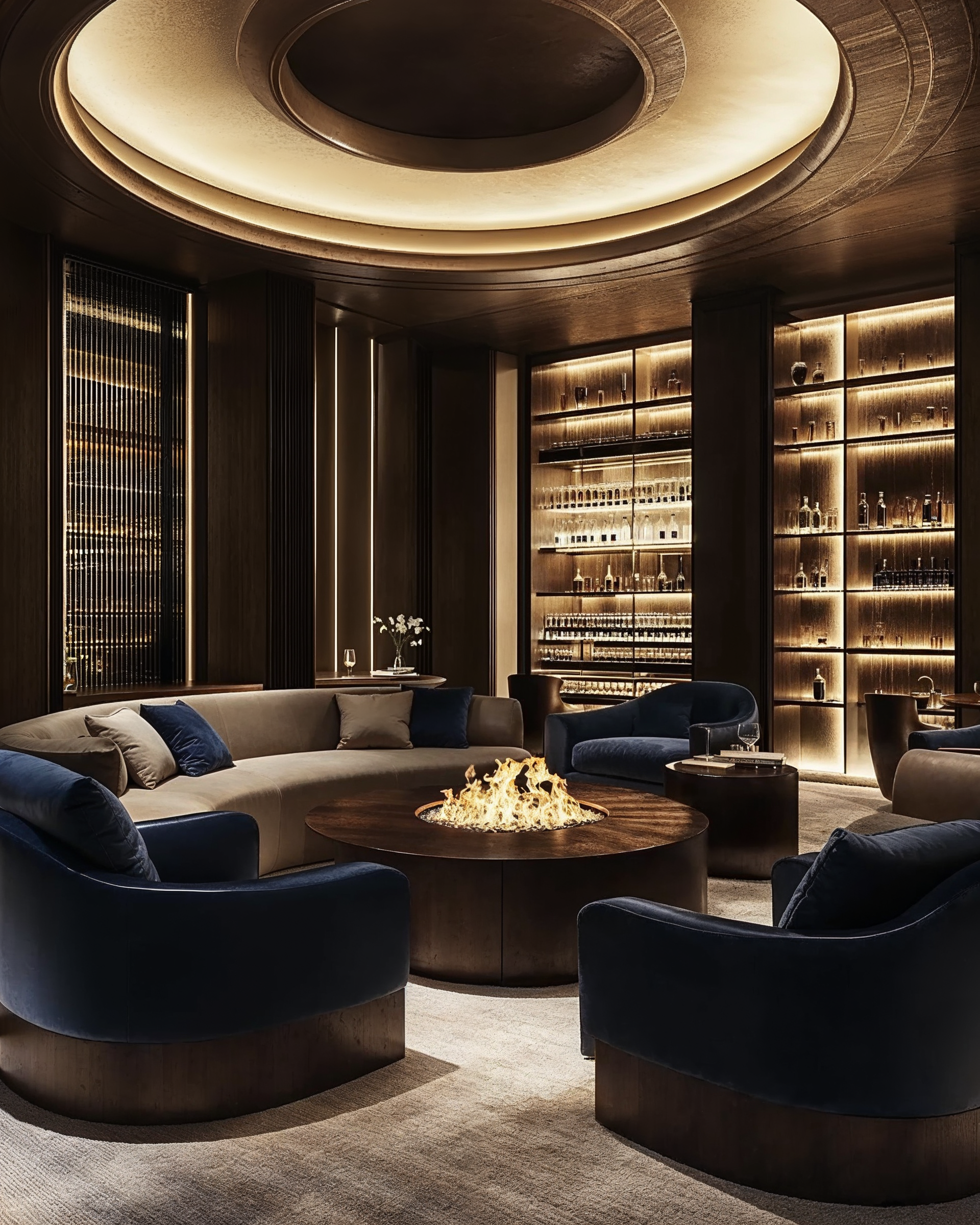 Spatial composition and layout of the back view of the living room with fire pit inClubhouse — AI interior design by Vojtek Morsztyn Studio.