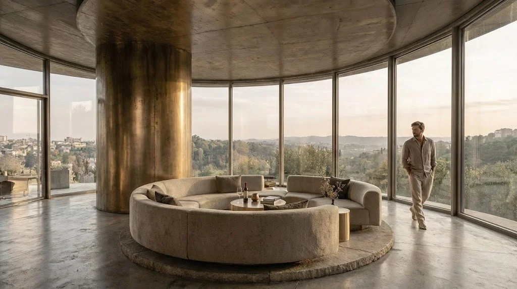 Man walking on a circular lounge space. Nanobanana Pro generated image.