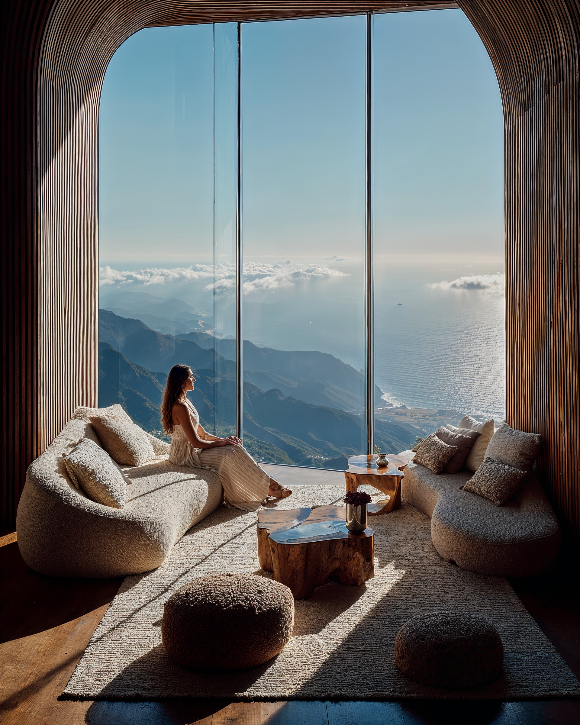 Interior of a modern living room with large floor-to-ceiling windows offering a view of mountains, ocean, and sky. A woman is sitting on a curved beige sofa, facing the window. The room has wooden panel walls, a beige rug, and several textured cushions. A small wooden coffee table with decorative items is in front of the sofa.