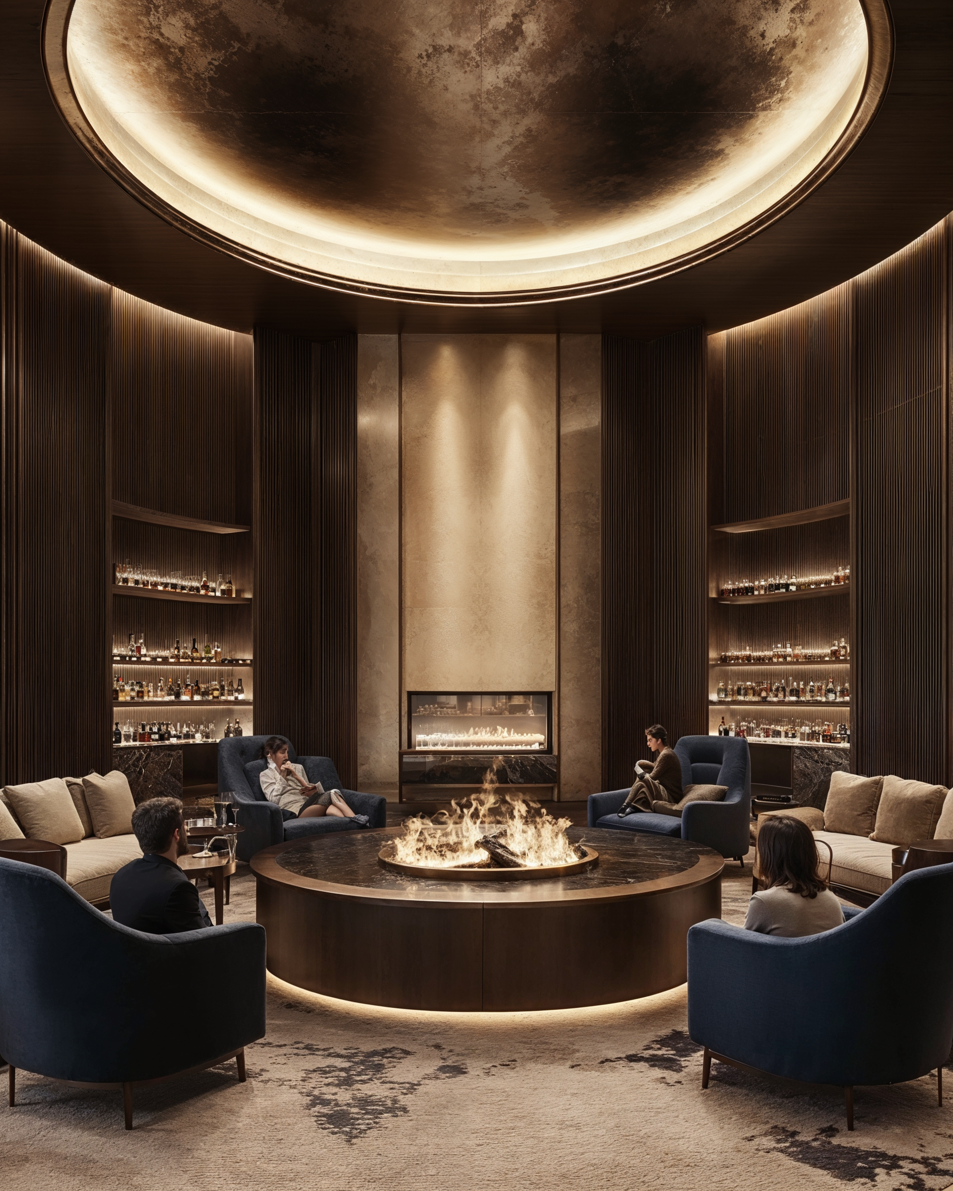 Living space design detail in Clubhouse — AI-driven interior architecture concept exploring atmosphere and emotion. People sitting in the living space, facing the fire pit at the center.