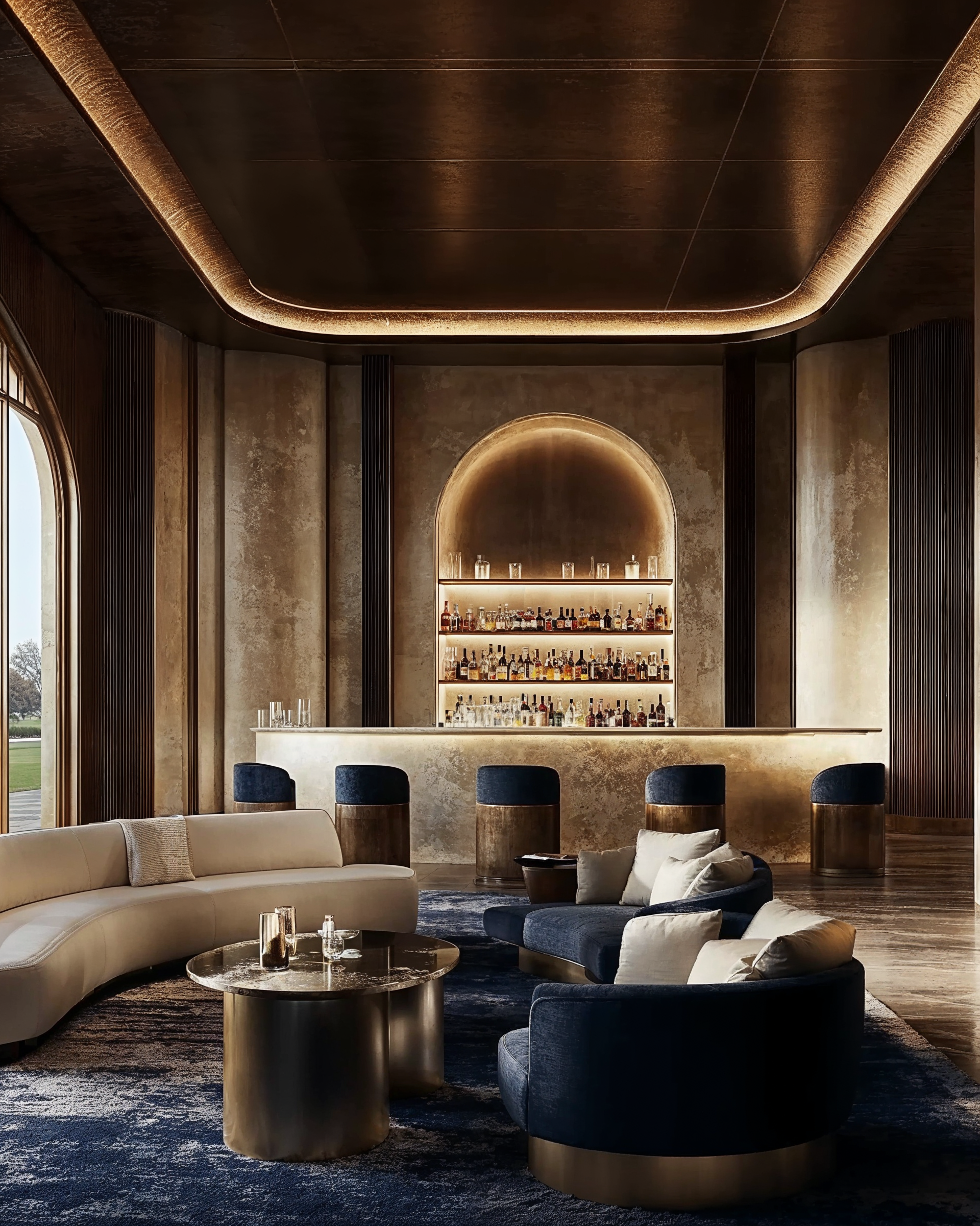 Bar design detail in Clubhouse — AI-driven interior architecture concept exploring atmosphere and emotion. Five dark blue barstools with brass circular stand in front of the gold bar.