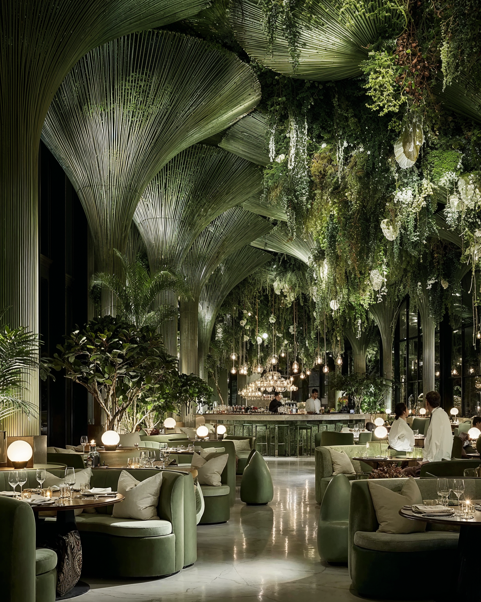 Interior of a restaurant hospitality space. Green vibes and aesthetic, with plants and bamboo details.