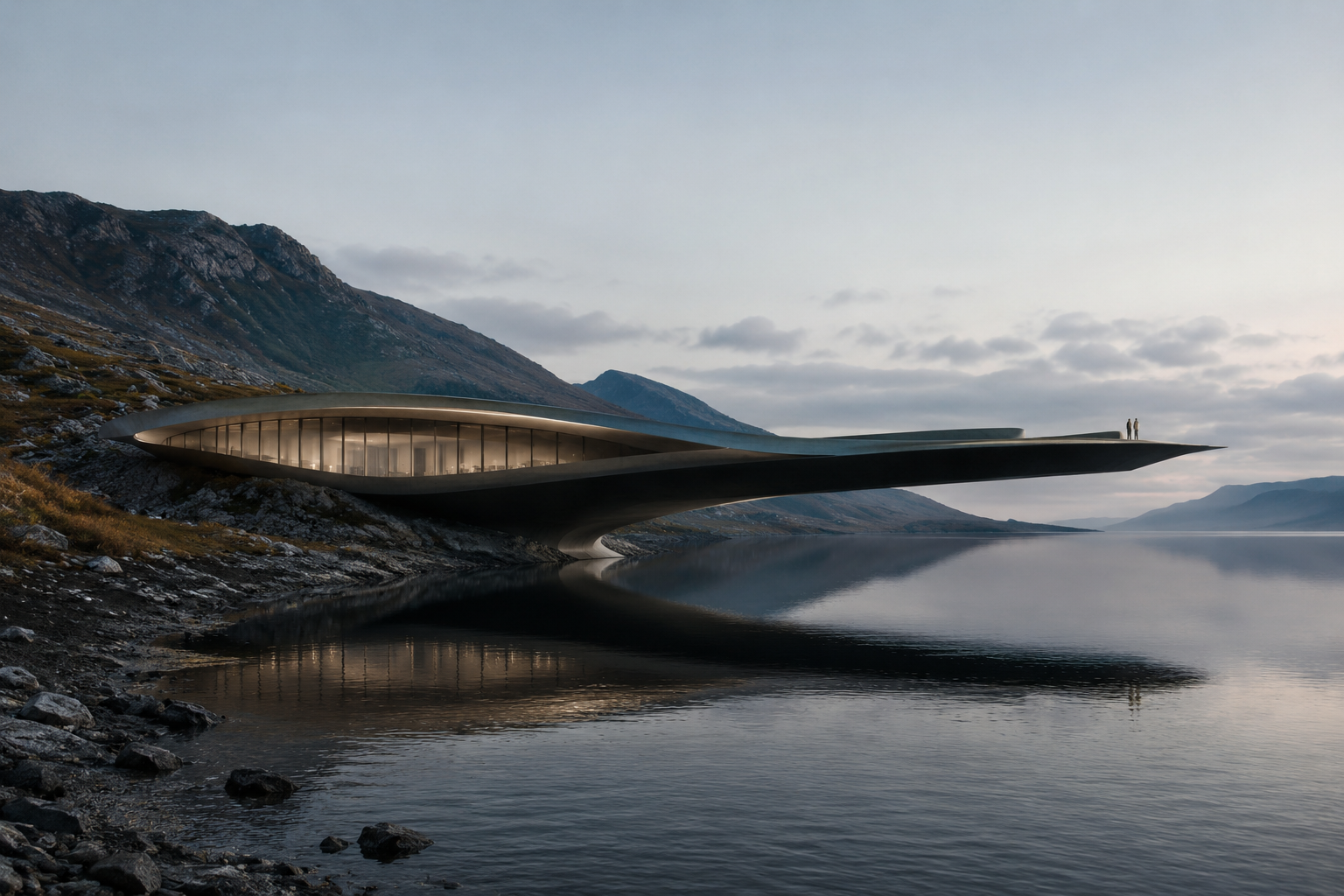 Modern, futuristic building with a curved, elongated design, situated on the edge of a calm body of water, with mountains in the background and a cloudy sky overhead.