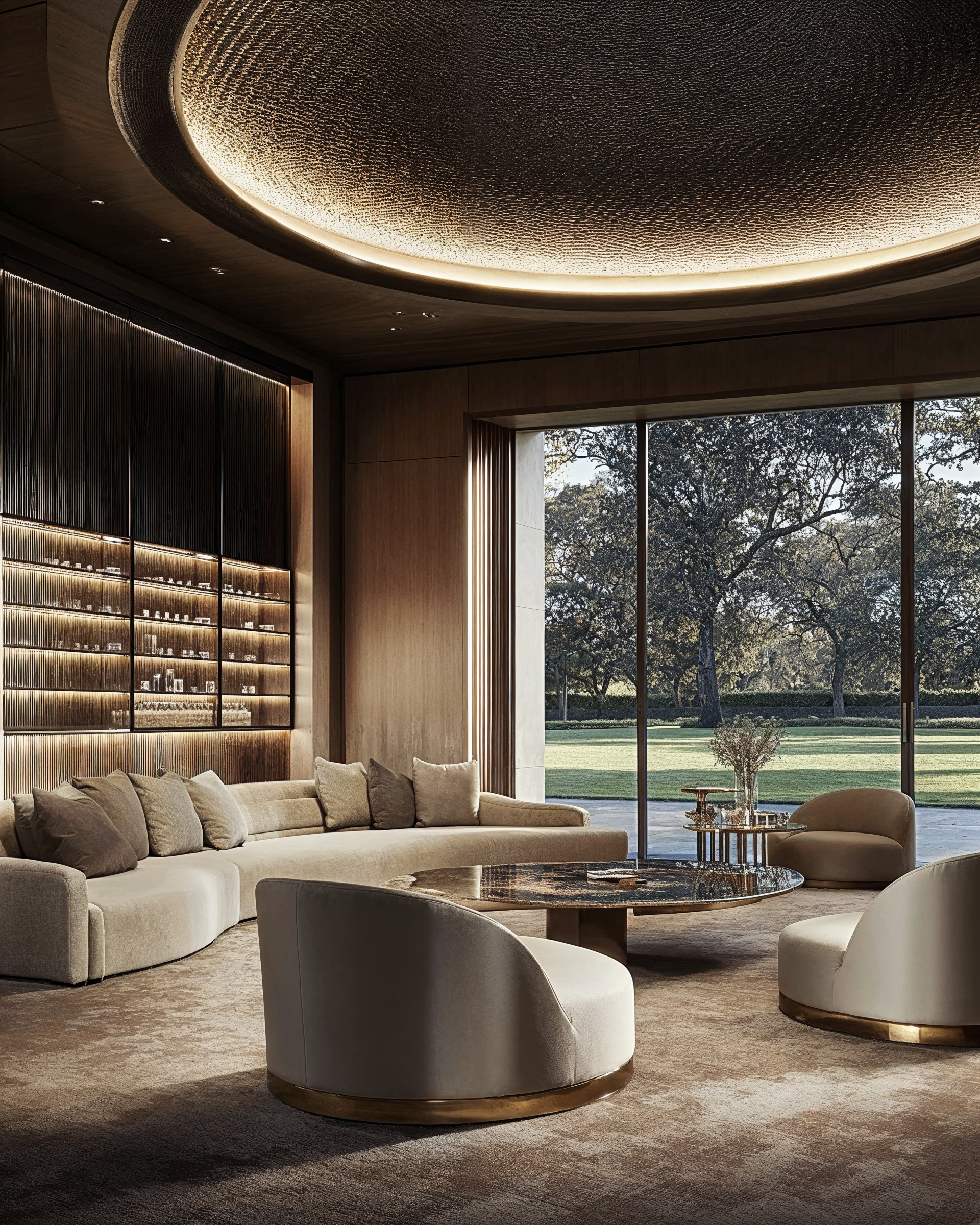 Clubhouse AI interior architecture design by Vojtek Morsztyn Studio — hospitality space concept shaped by AI and light. Living room with curvy sectional and three armchairs displayed in circular shape with marble table at the center.