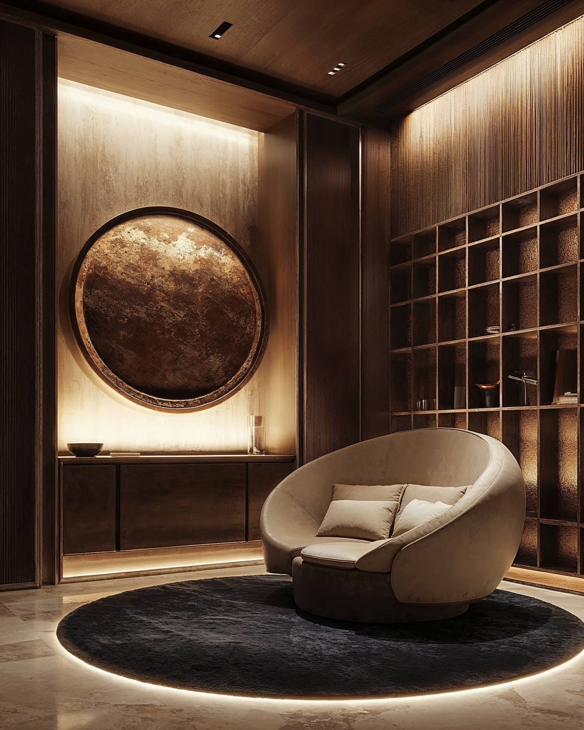 Details of living space corner, with brass circular feature on the wall and circular armchair in cream velvet.