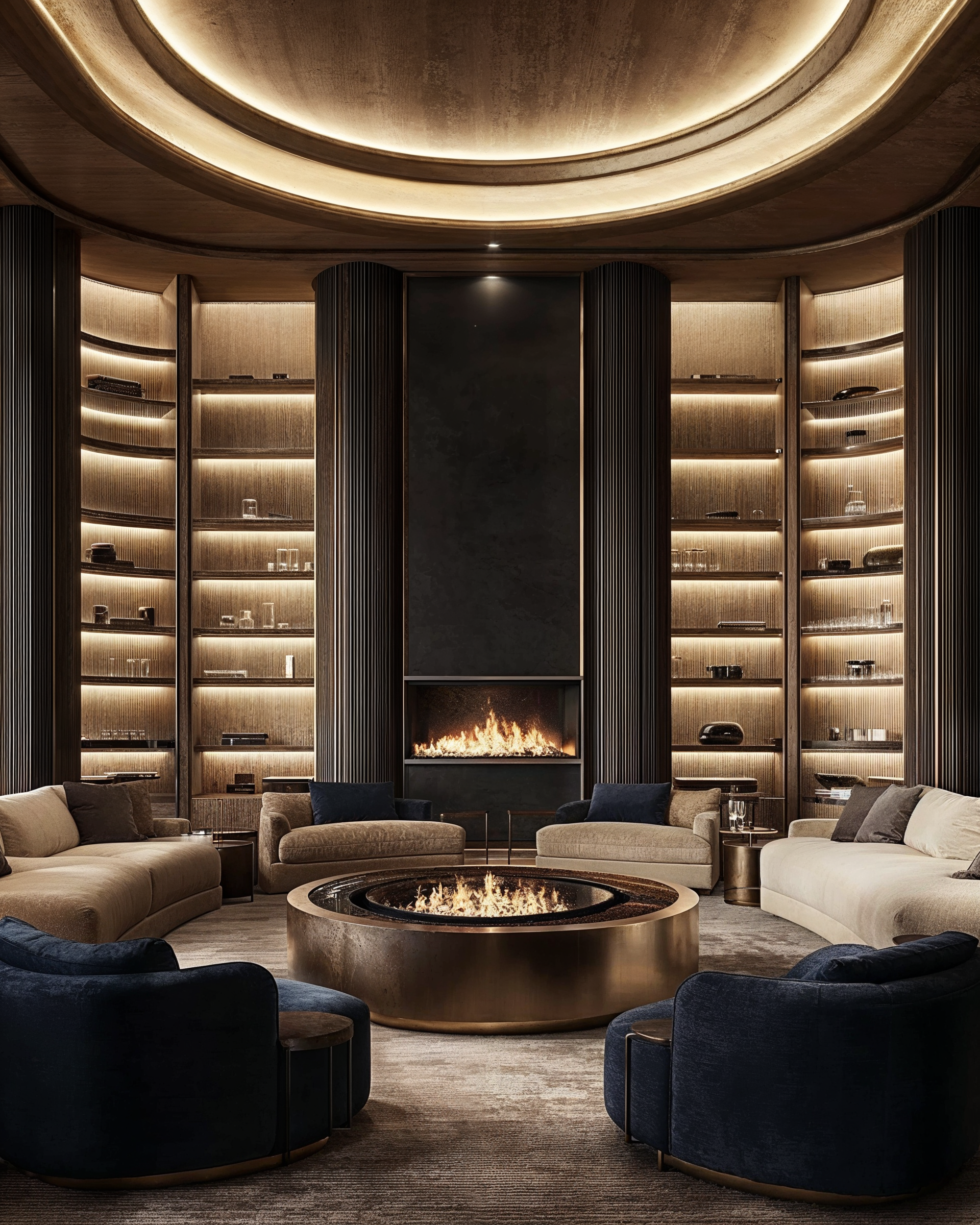 Clubhouse AI interior architecture design by Vojtek Morsztyn Studio — hospitality space concept shaped by AI and light. Fireplace detail on back wall and fire pit surrounded by velvet cream armchairs.
