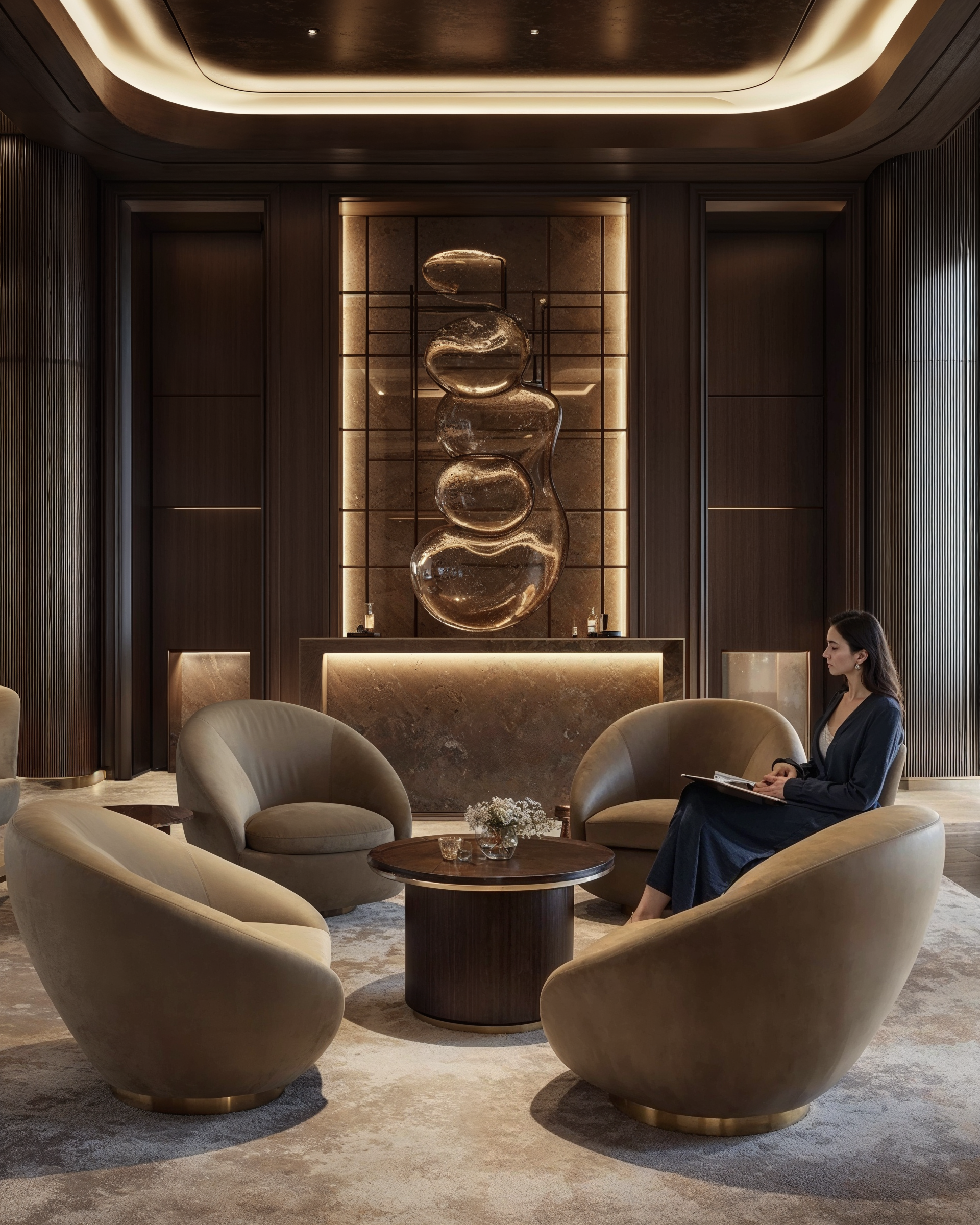 Clubhouse AI interior design. Women sitting on armchair facing small circular black center table. Bar at the back with glass amorphous shape.