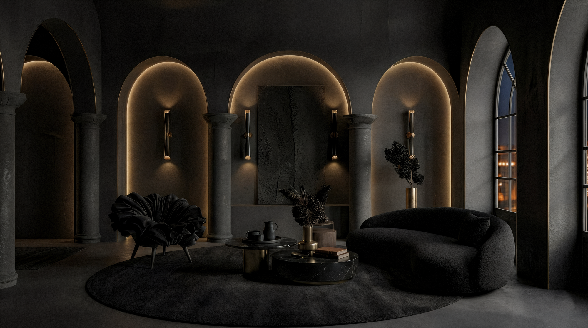 A dark, modern interior living room with arched walls, tall windows, and ambient lighting. Features a black round sofa, the orchid armchair in black fabric, a round black rug, and a black marble coffee table with decorative items and books.