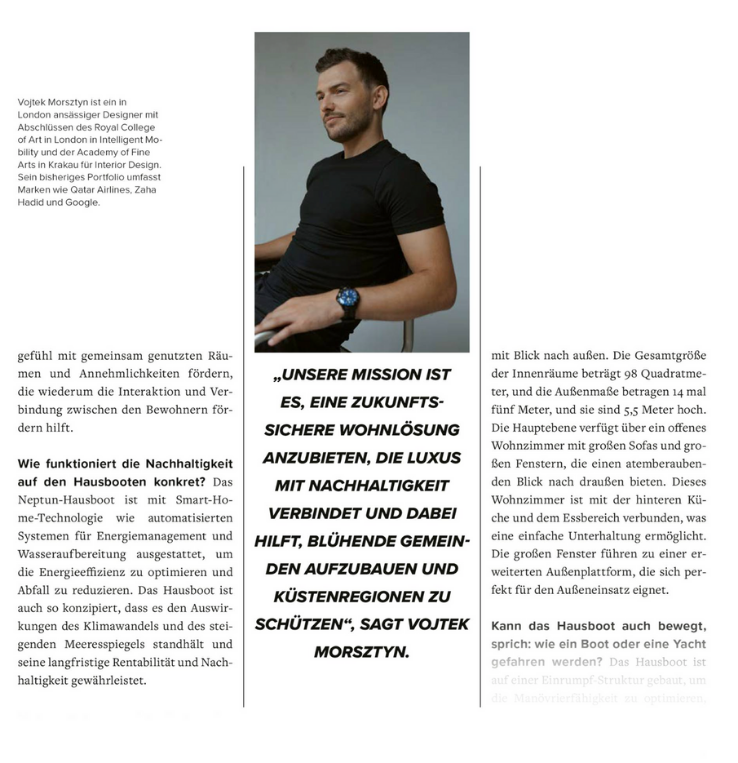 A man with short hair and a beard sitting in a chair, wearing a black t-shirt and a watch, with a neutral background. The image appears to be part of a design with text in German on both sides.