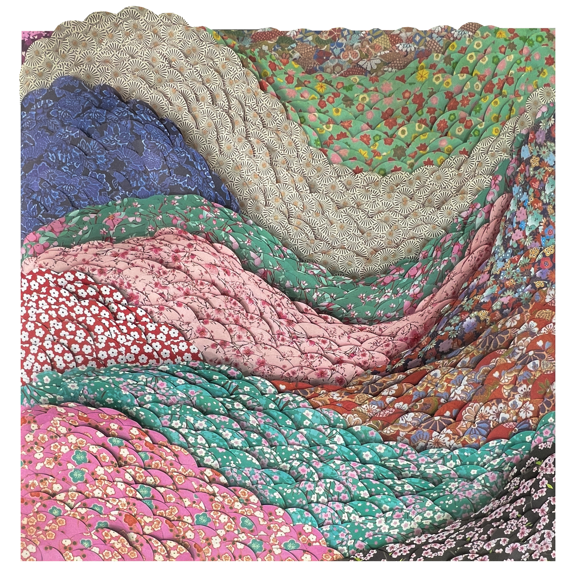 Multiple quilted fabric pieces with colorful floral and geometric patterns arranged in overlapping layers.