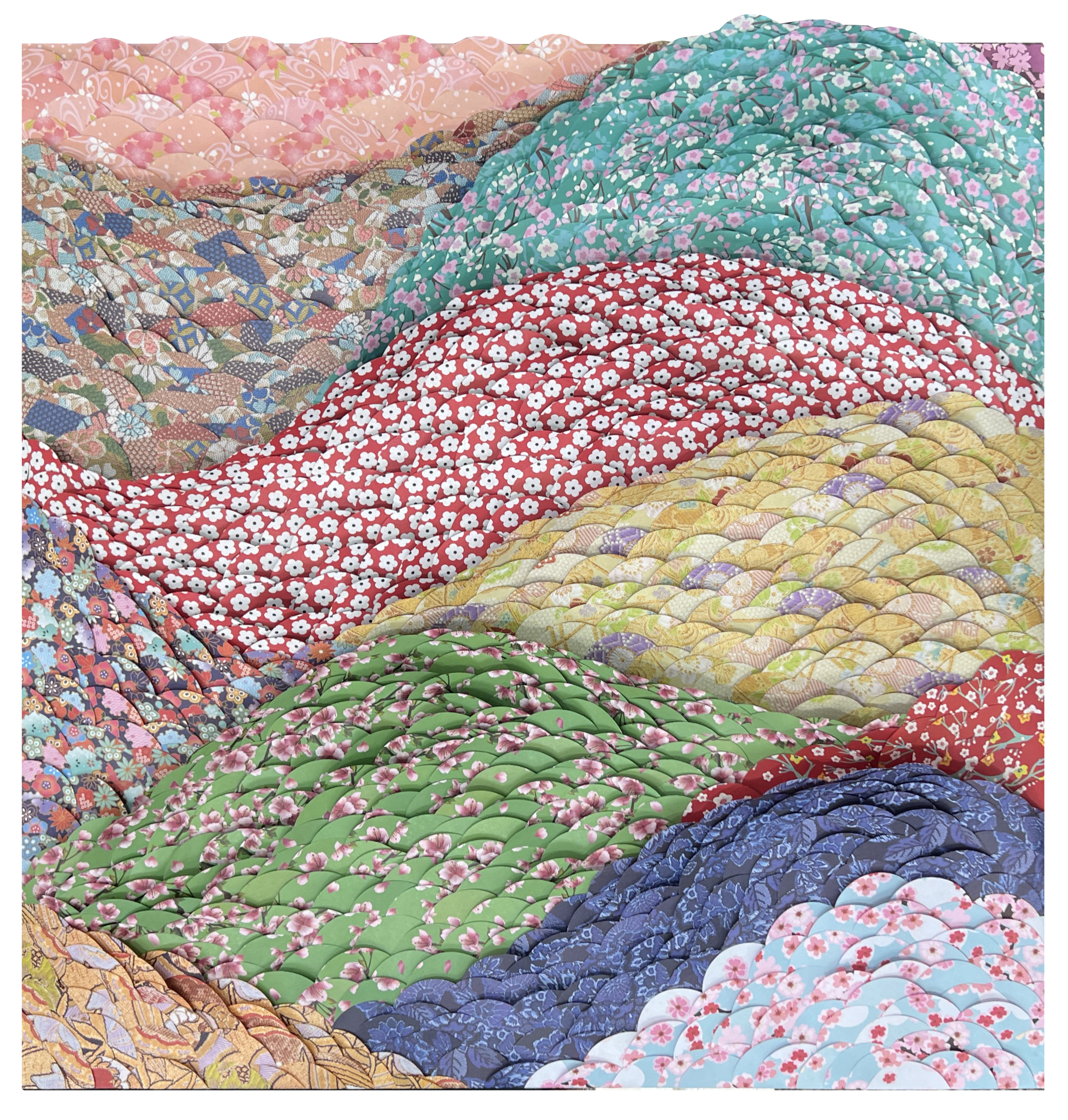Close-up of colorful quilted fabrics with various floral and traditional patterns layered in waves.